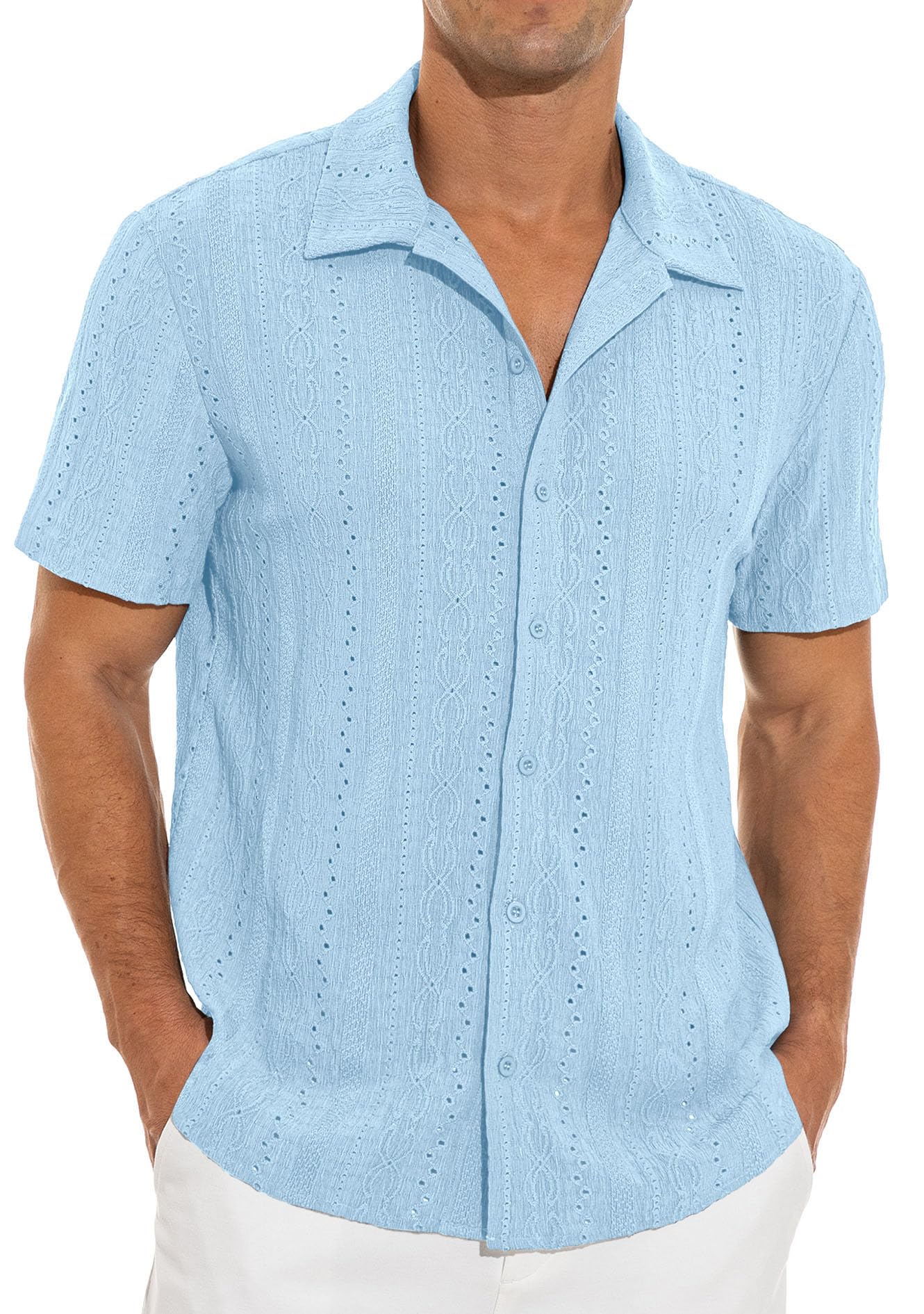 NITAGUT Men's Short Sleeve Shirts Casual Button Down Shirts Vacation Beach Summer Hollow Out Tops