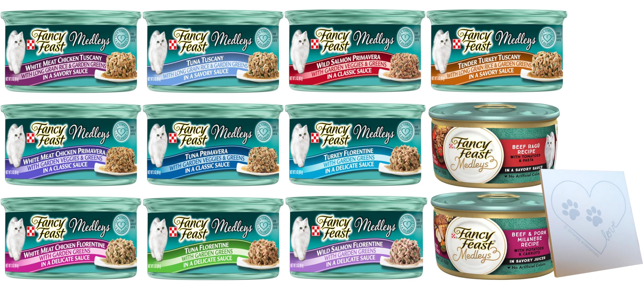 Elegant Medleys Variety Pack for Fancy Fancy Feast – 12 Total Flavors: Chicken Florentine, Salmon Primavera, Turkey Tuscan, and More (3oz Each, 12 Cans Total)