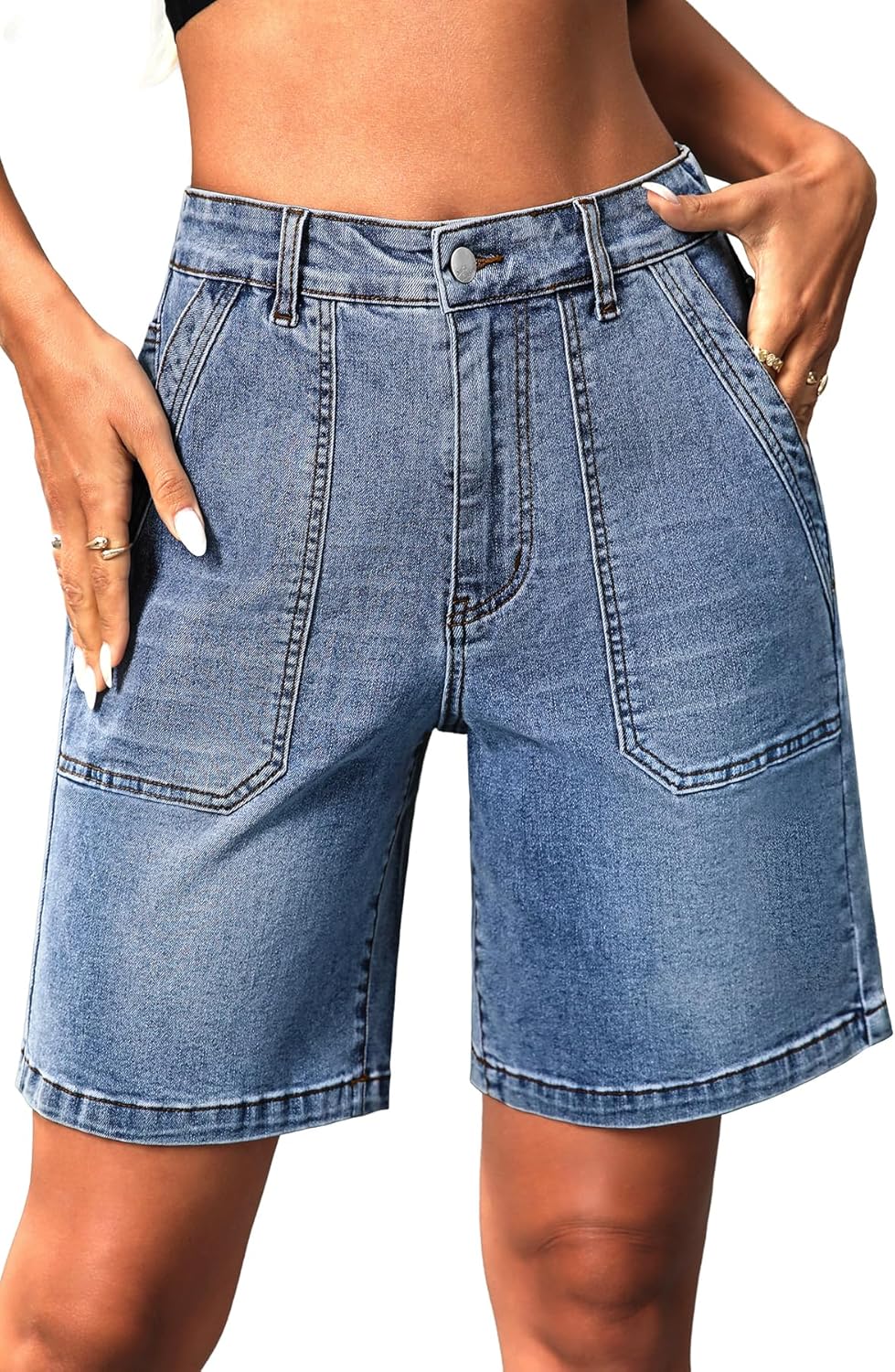 ELLEVEN Womens Denim Bermuda Shorts Elastic Waist, Stretchy Jean Trendy Summer Long Jorts with Big Pockets