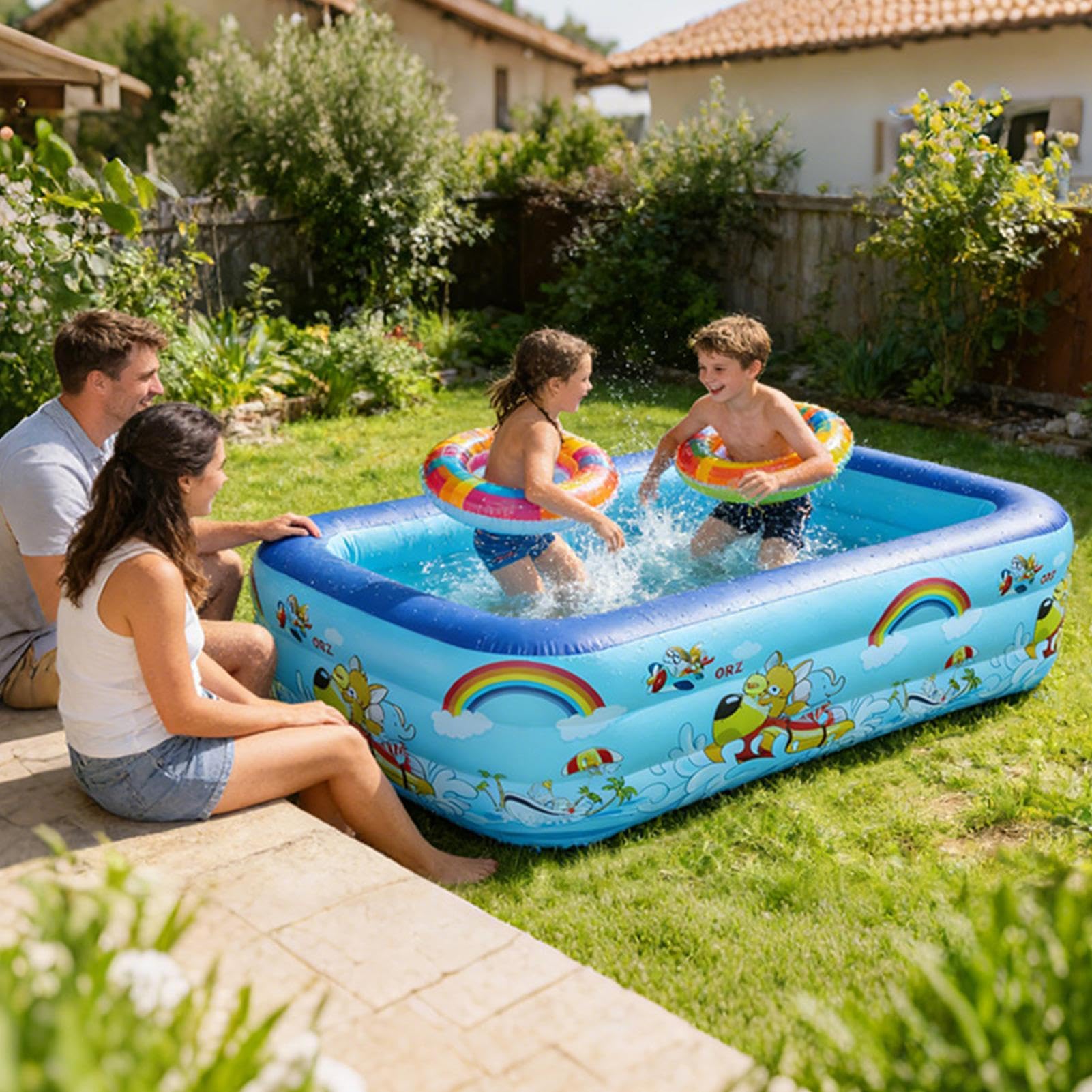 Piscina Hinchable Infantil, +3 Años, Diversión Verano, Blue Rectangular Family Pool