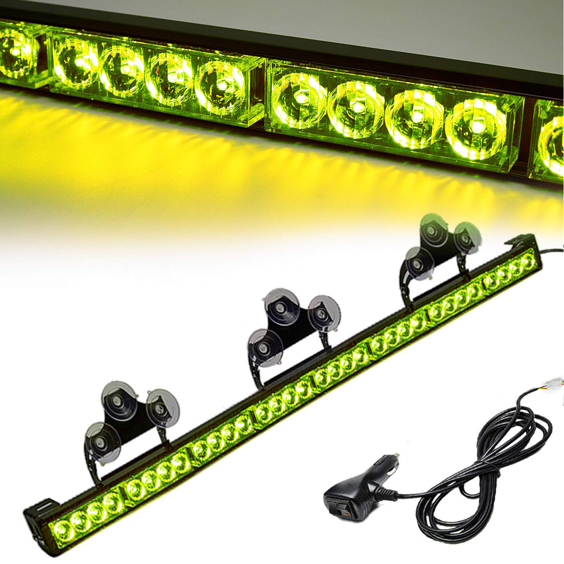 LE-JX Green Emergency Strobe Light Bar 36 In 13 Flash Patterns Traffic Advisor Warning Hazard Windshield Safety Lights Bar with Cigar Lighter for Vehicles, Truck (35.5 Inch, Green 32 Led)