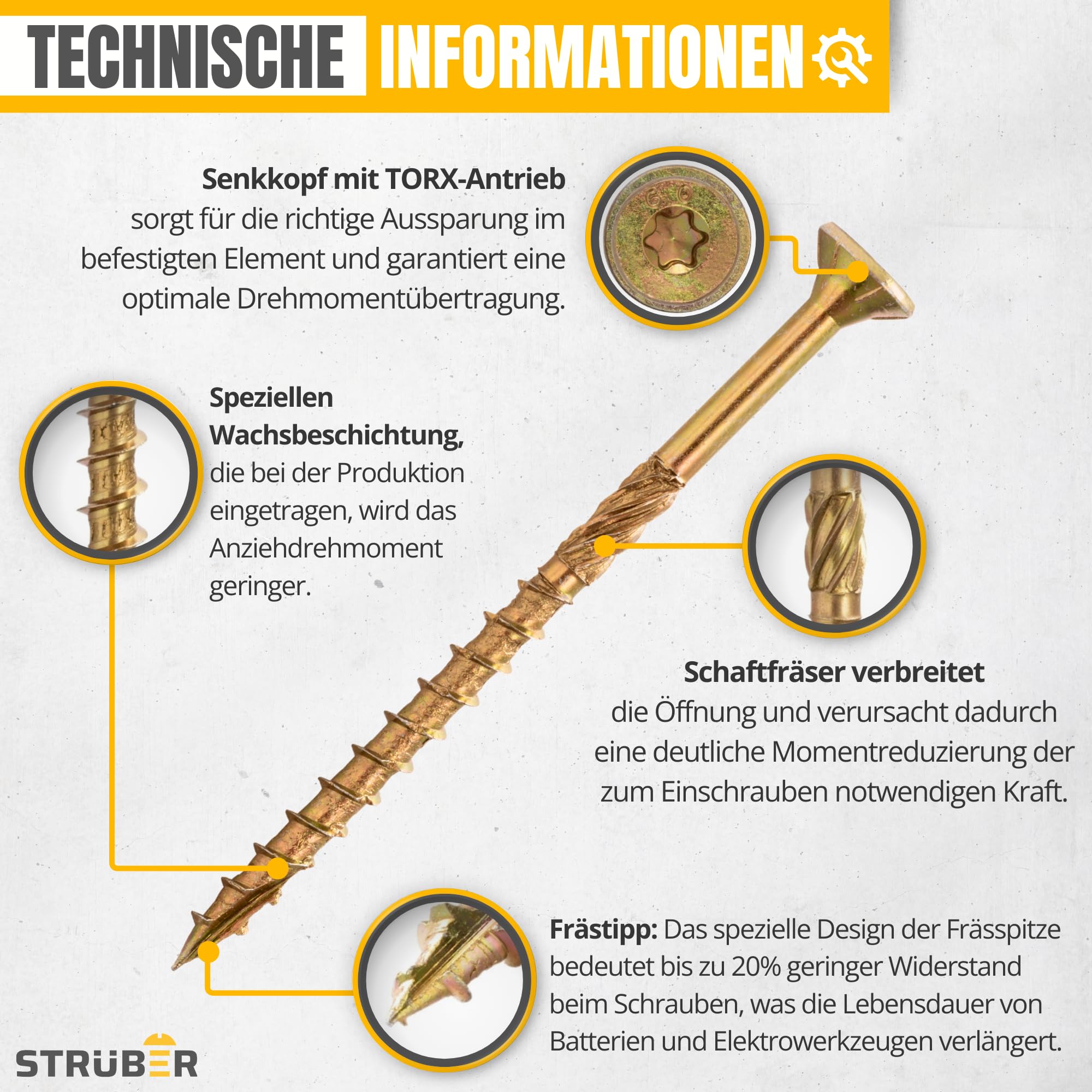 STRÜBER Viti per legno a testa svasata Torx 4x60 mm 200 pezzi Acciaio zincato giallo
