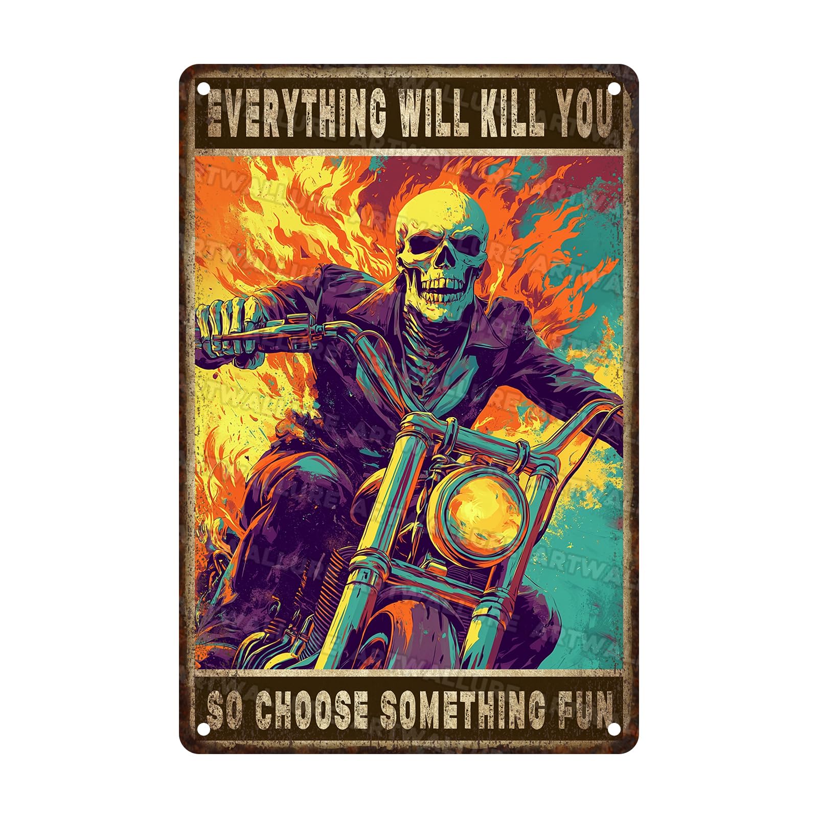 Vintage Skeleton Metal Tin Sign Skull Wall Art Decor for Man Cave Garage Auto Shop Bar Retro Rustic Metal Plaque 8x12inch