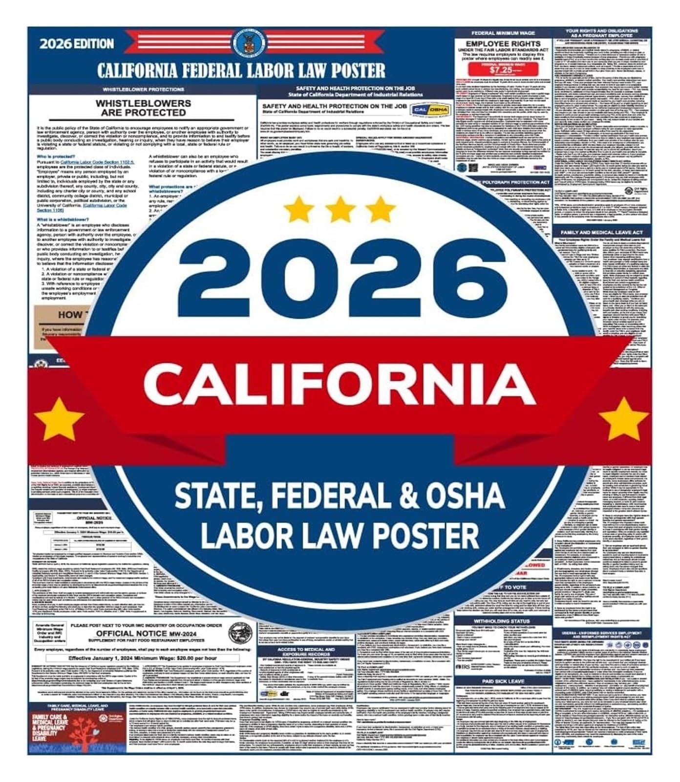 EKFBQBGW 2026 Labor Law Compliance Poster California State Federal OSHA Rules All in One Workplace Poster Unframed,08x12inch(20x30cm)