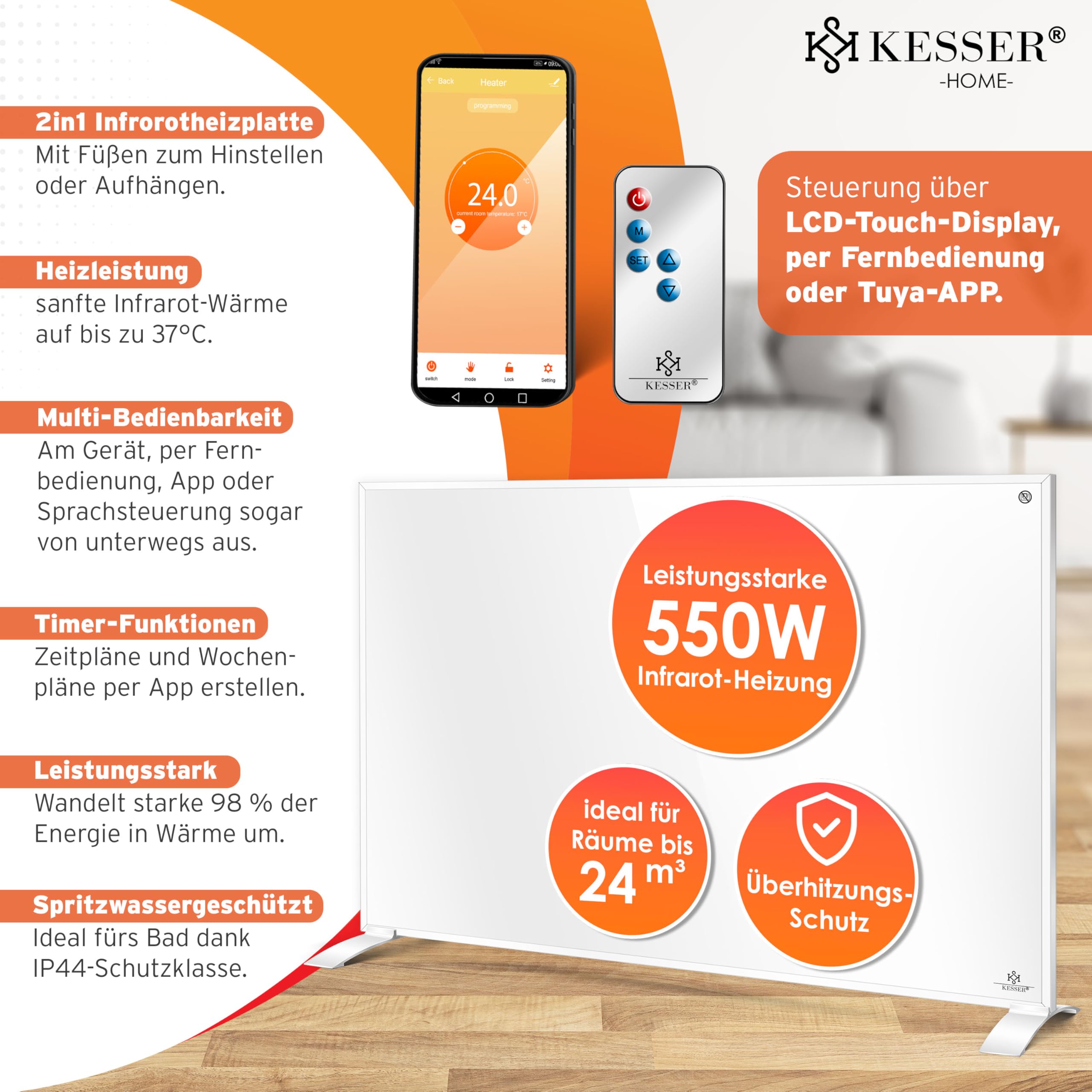 KESSER® Chauffage infrarouge à économie d'énergie - Appareil sur pied et montage mural - Chauffage électrique - 550W - Avec télécommande - Thermostat et commande d'application - Panneau chauffant