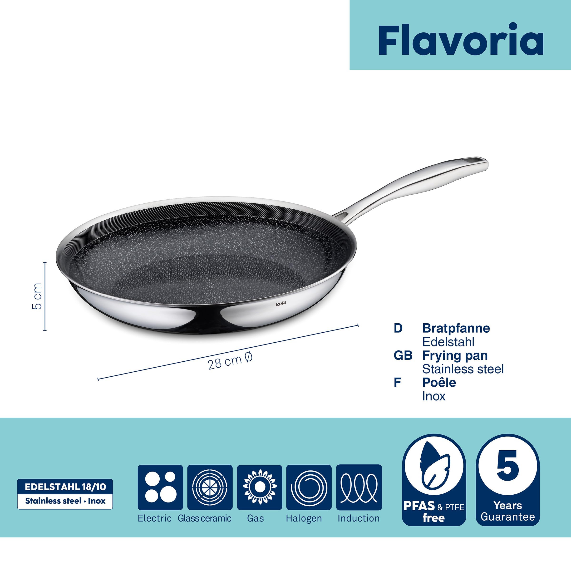 kela Patelnia indukcyjna Flavoria 28 cm, struktura plastra miodu, patelnia powlekana stal nierdzewna, powłoka ceramiczna, uchwyt ze stali nierdzewnej, nadaje się do piekarnika