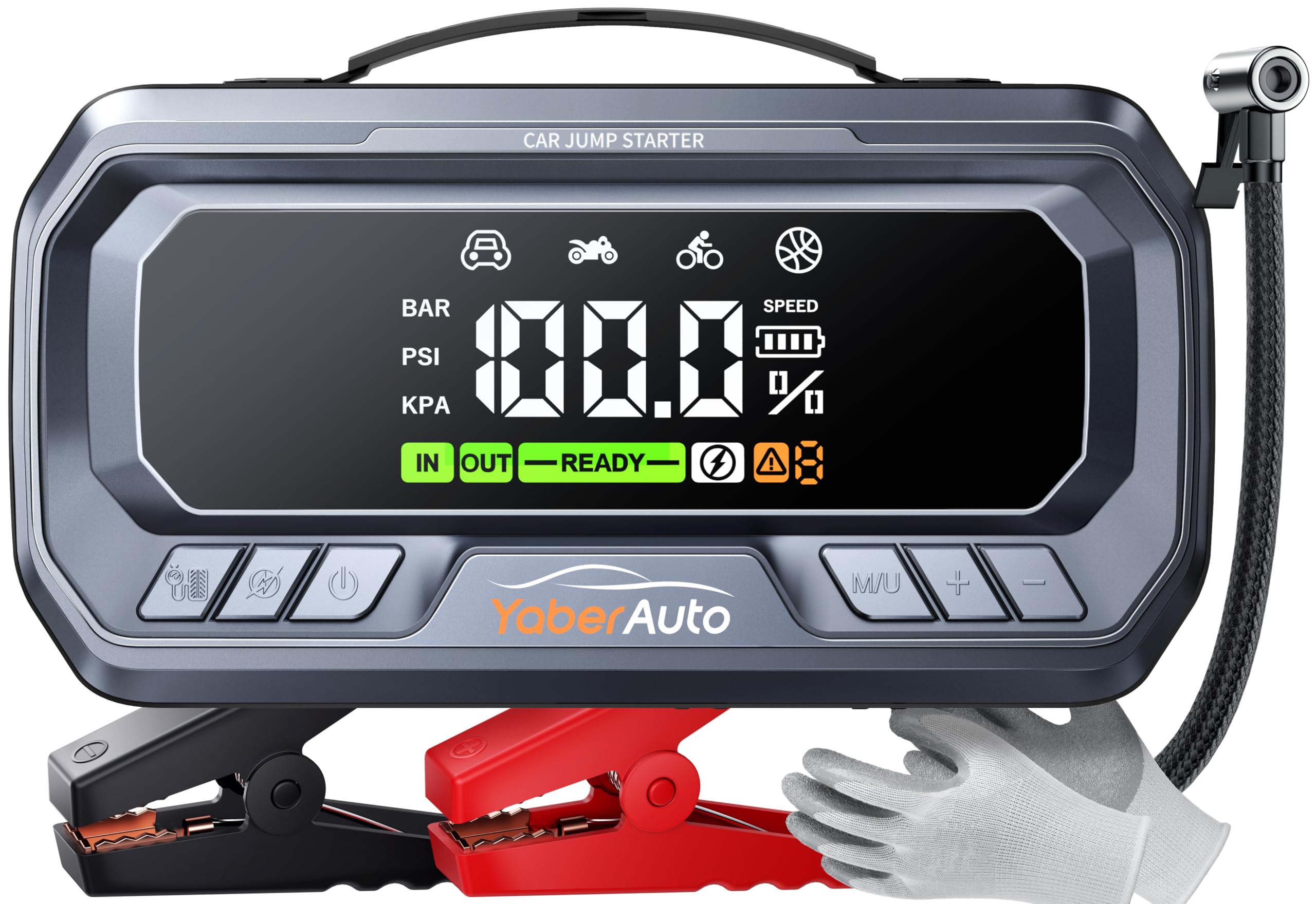 Car Battery Jump Starter with Air Compressor, 8000A 160PSI YaberAuto Portable Car Jump Starter (All Gas/12.0L Diesel) with 65W Quick Charge, Inflator, Large Screen and LED Flashlight