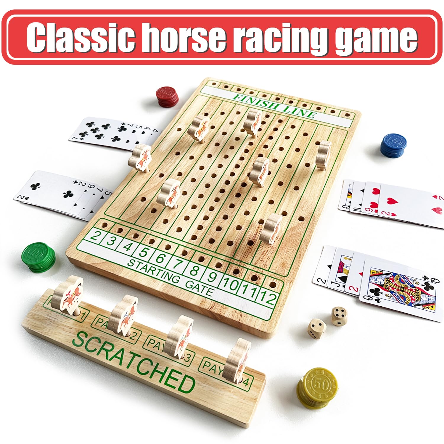 Horse Racing Oak Board Game, Come with Instructions & 11 Durable Horses