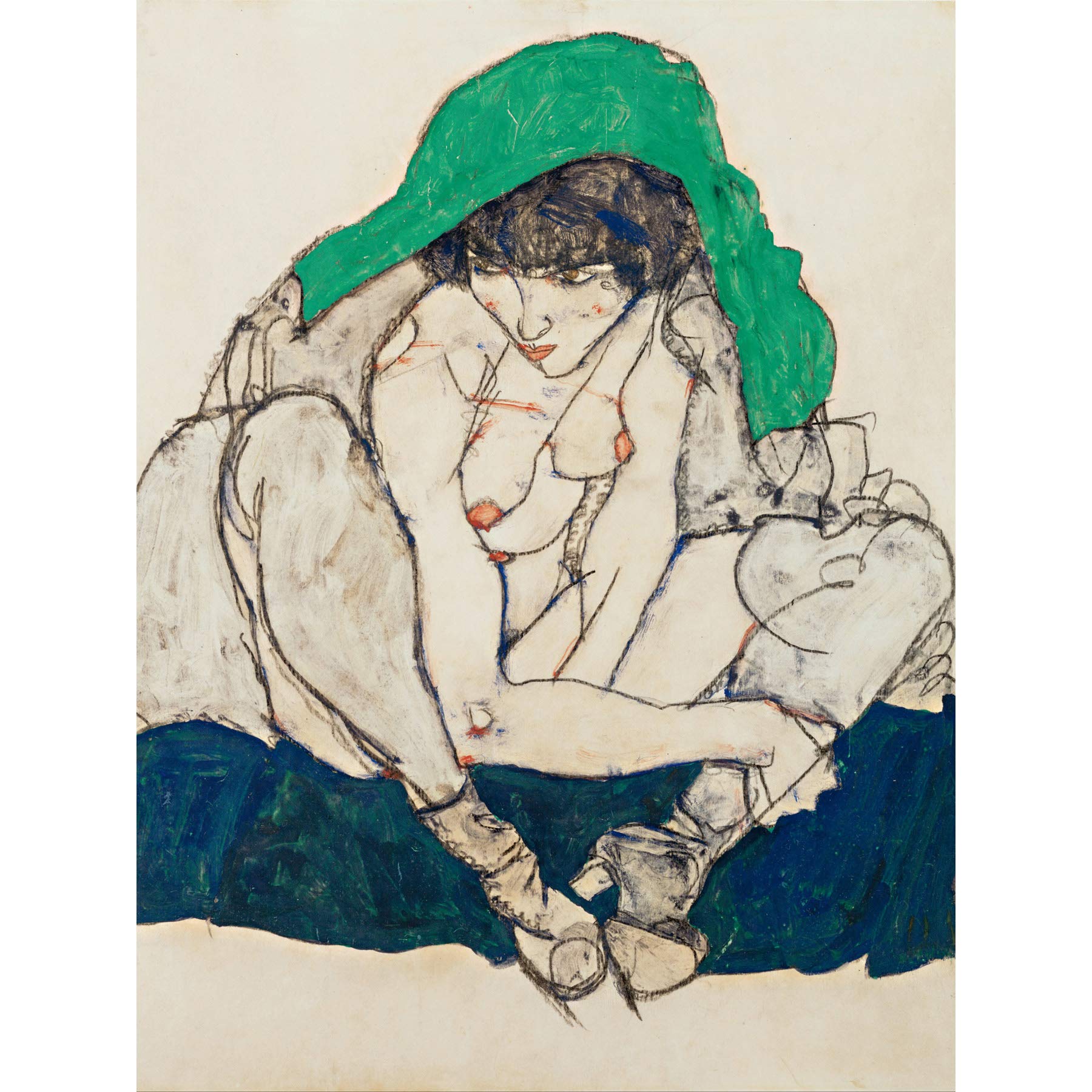 Egon Schiele Crouching Woman With Green Headscarf Large Wall Art Print Canvas Premium Poster Mural