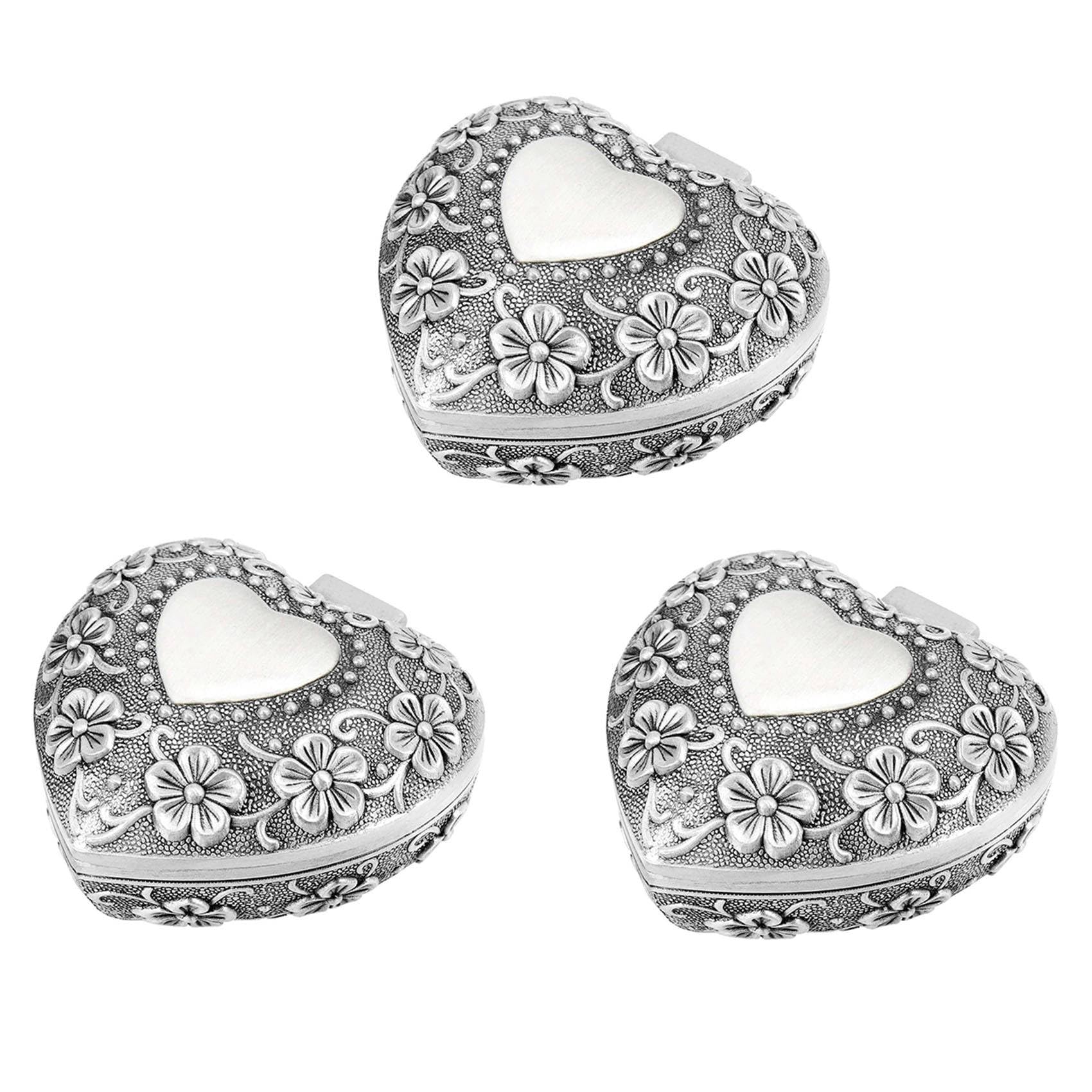 Hndhbfgrt 3X Classic Vintage Antique Heart Shape Jewelry Box Ring Small Trinket Storage Organizer Chest,Silver