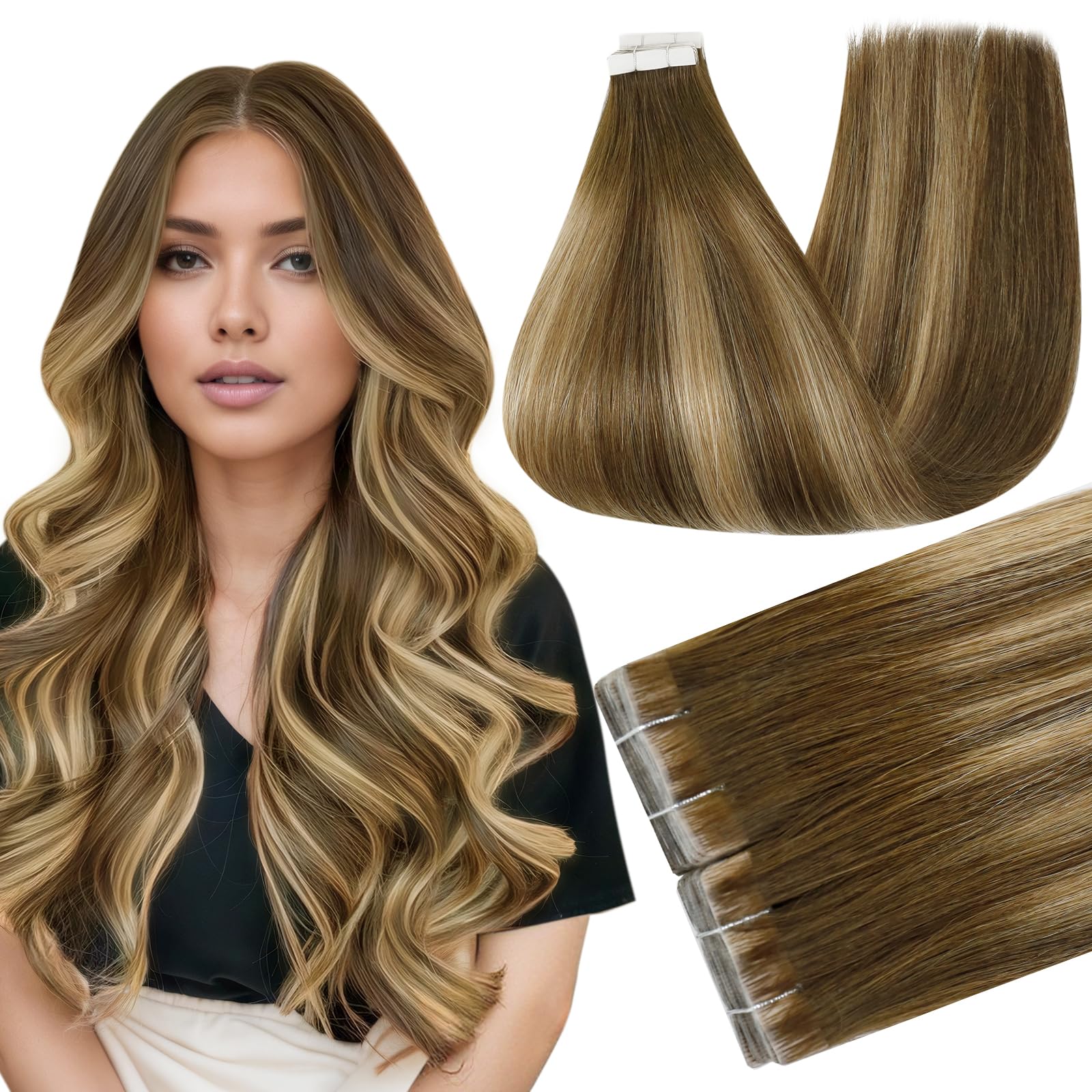 Full Shine Injection Tape in Hair Extensions Color 4/24/4 Bridal Hairstyles Lightweight Natural Straight Human Hair Tape in Extensions 20Inch 50G