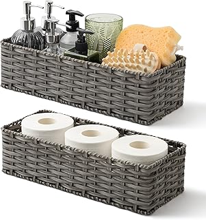 GRANNY SAYS Wicker Baskets for Organizing, Waterproof Toilet Paper Storage Basket, Towel Baskets for Bathroom Organizing, Gray Bathroom Basket for Storage, 15¾" x 6½" x 4¼", 2-Pack