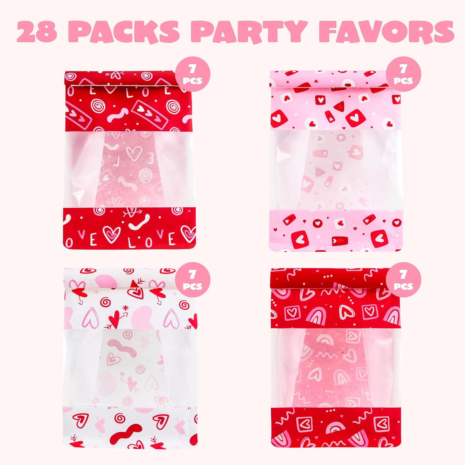 JOYIN 28 Pcs Valentine’s Day Gift Bags, 3.2" Treat Bag with Window & Tin Tie Lock, Plastic Treat Bags with 4 Designs, Goodie Bag for Candy Bakery, Cookie Snack Storage, Party Favor