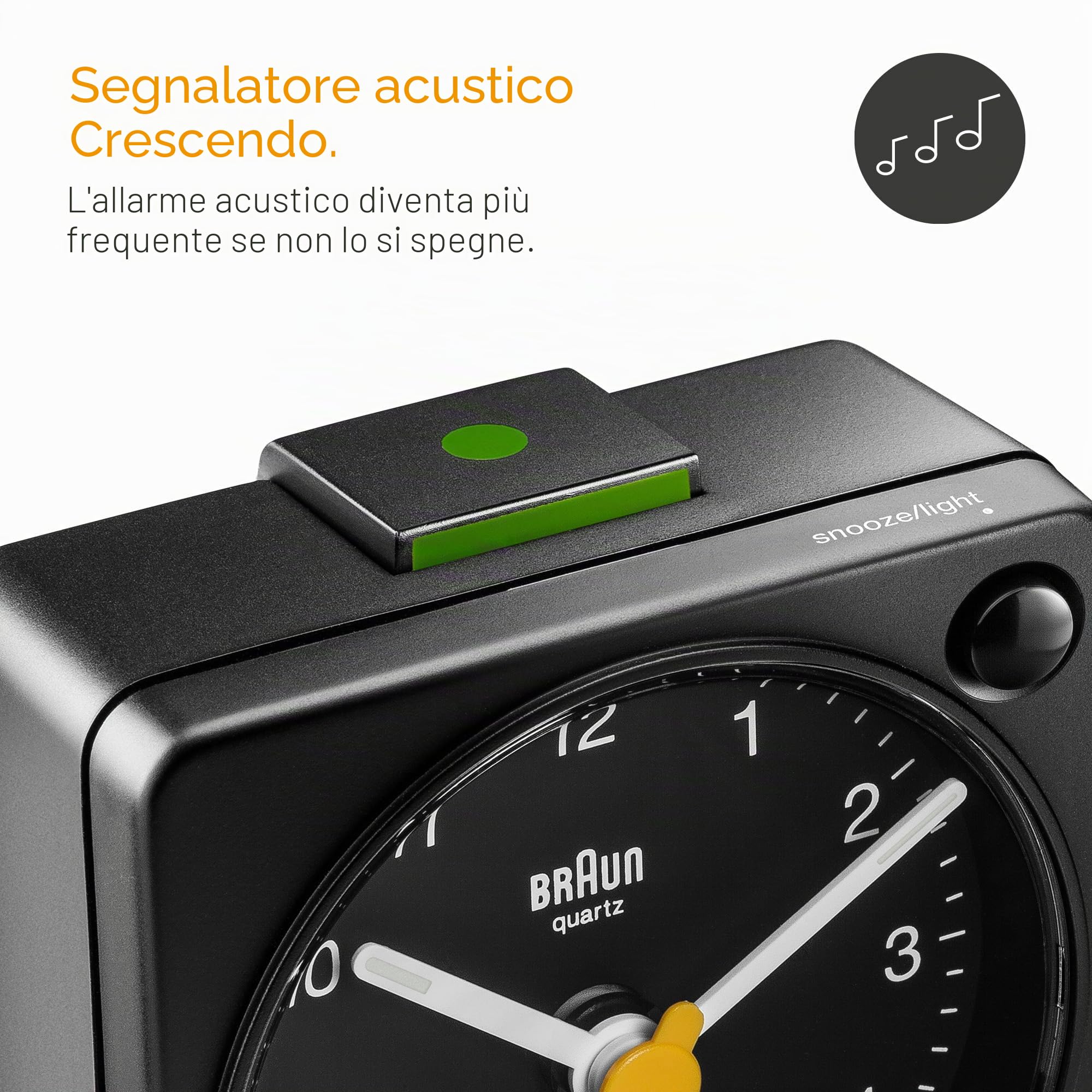 Braun Orologio Sveglia Analogico Classico viaggio con Funzione Snooze e Luce, dimensioni ridotte, Movimento al Quarzo silenzioso, Suono Sveglia Beep con crescendo, colore nero, modello BC02XB.