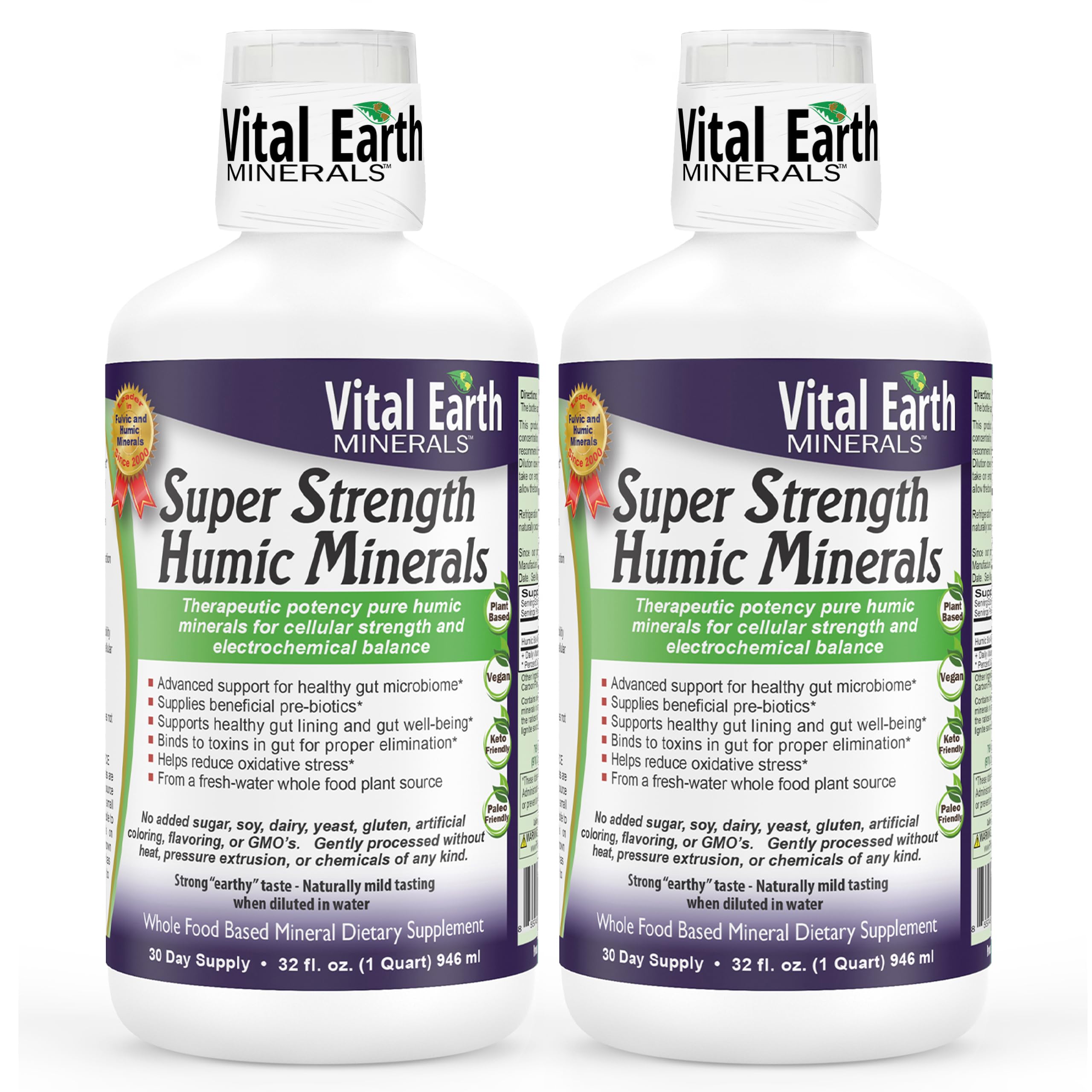 Vital Earth Minerals Super Strength Humic Minerals 2-Pack – Fulvic Acid Supplement with 70+ Trace Minerals, Electrolytes for Detox & Digestion, 32 Oz Ea + 1 Oz Cup