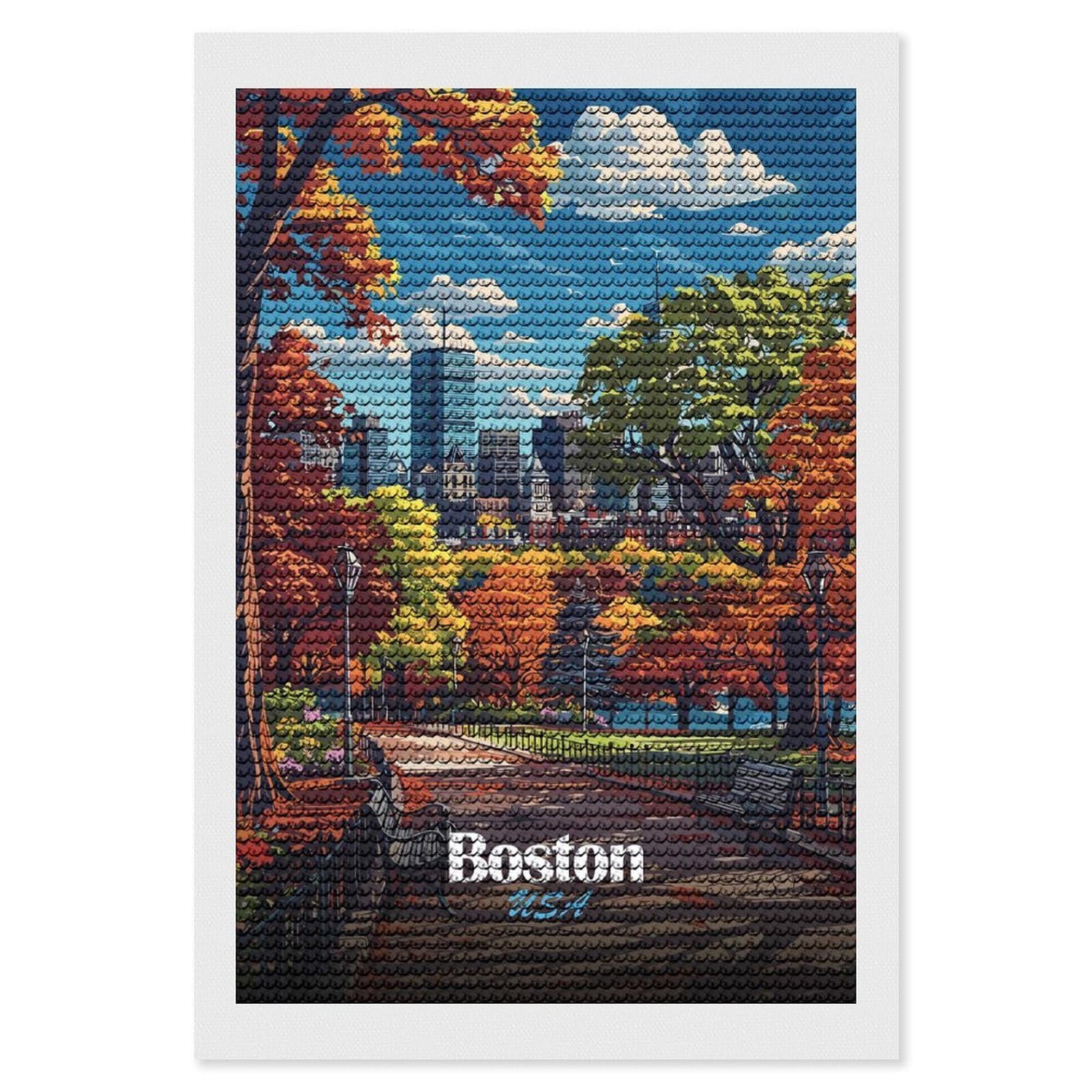 Junmoney Boston Skyline Autumn Diamond Painting Kit 8"x12", for Women, Simple to Start, Bedroom Decor, Christmas Gift, Good for Quiet Evenings