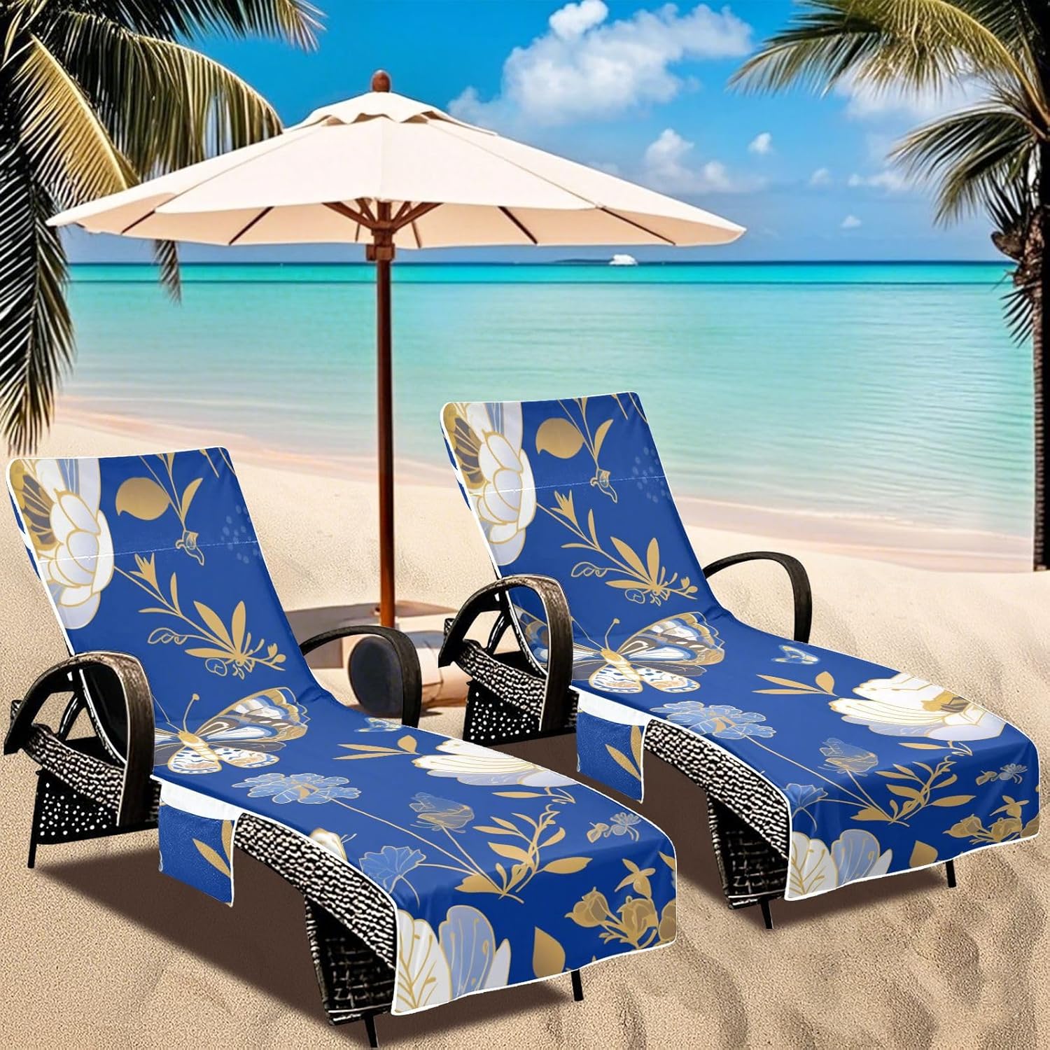 Blue and White Butterfly Flowers Patio Chaise Lounge Chair Cover Heavy Duty Patio Furniture Covers with Pockets for Outdoor Pool Beach Sunbathing, 85" X 30"