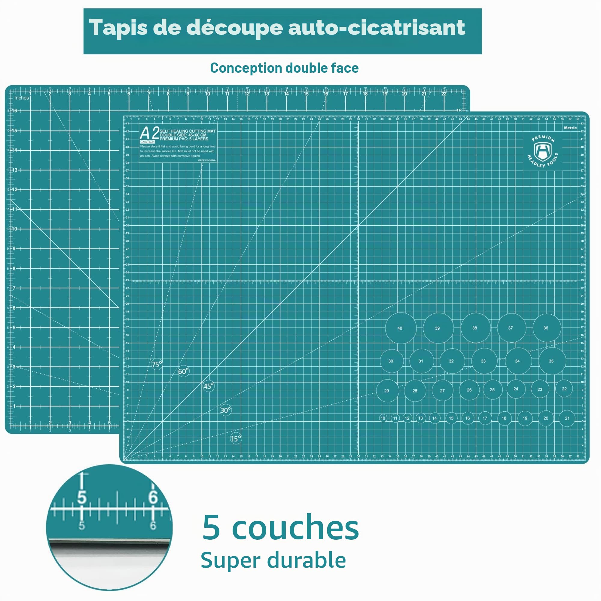 Kit de découpe rotatif avec coupe-tissu de 45 mm, 5 lames rotatives supplémentaires, tapis de découpe auto-cicatrisant A2, règle en acrylique et pinces à coudre, ciseaux, idéal pour les travaux