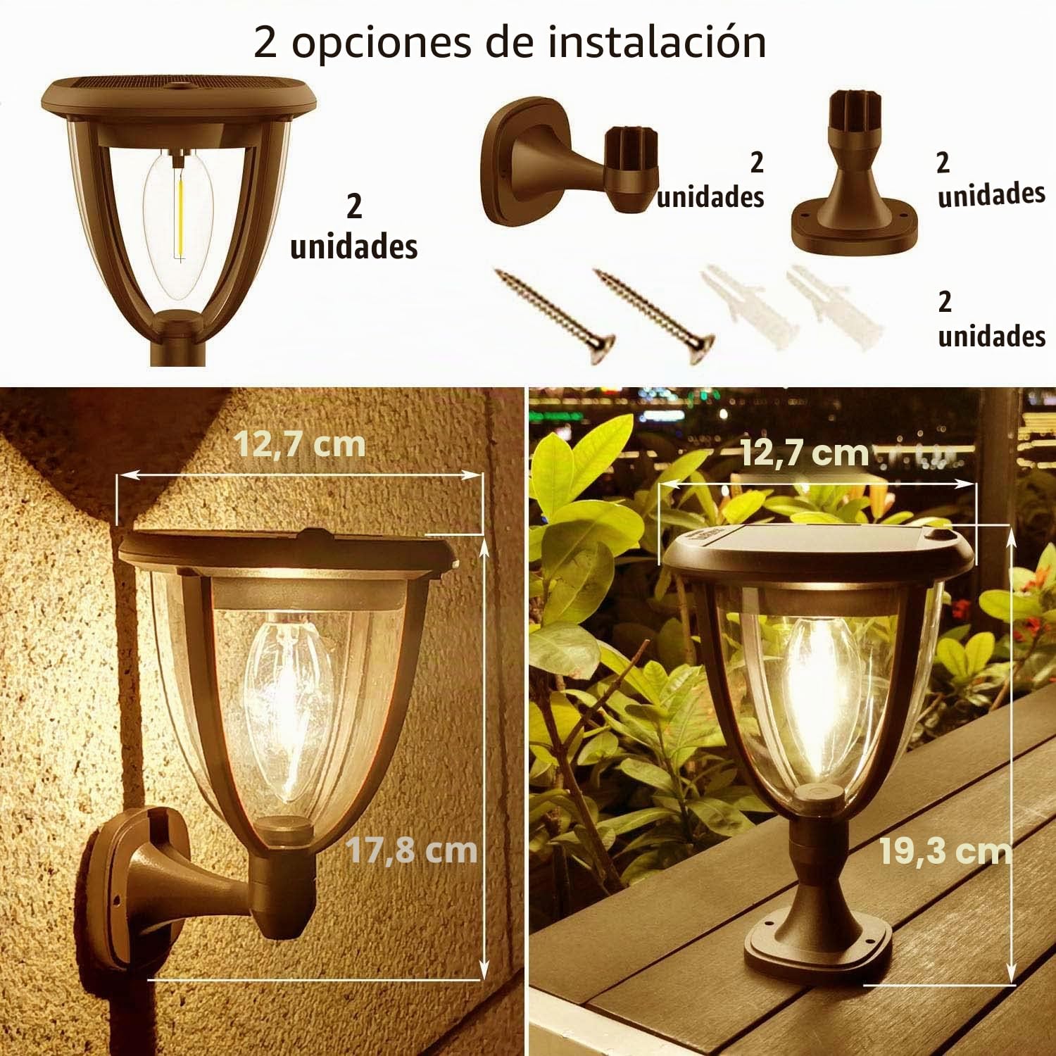 Juego de 2 Luz Solar Exterior Jardin, Luces Led Solares IP65 Impermeables | Alinana Aplique Solar Exterio con dos Modos de Brillo rcon Iluminación de 360° para Patio y Garaje (Blanco Cálido 2700K)