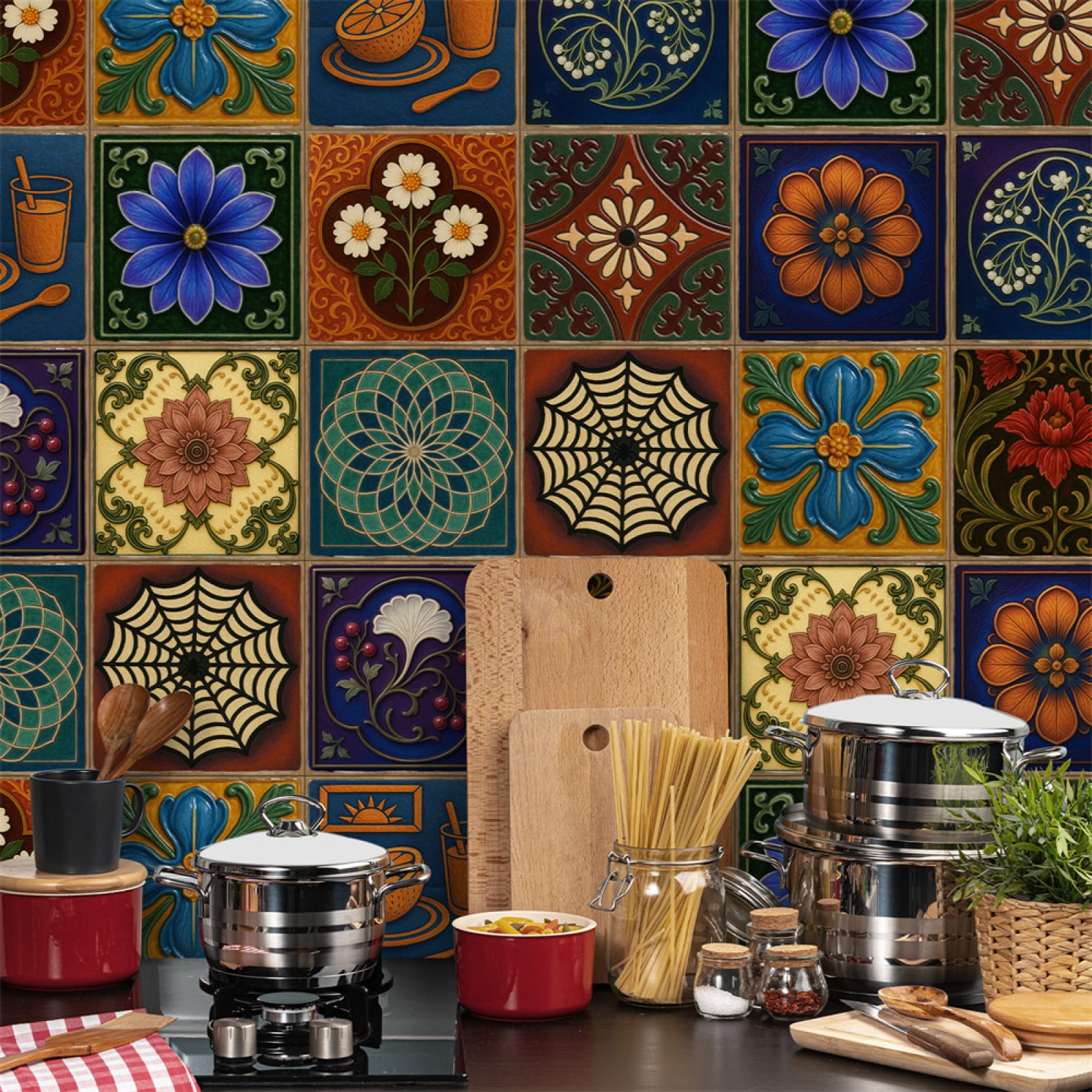 Tile Stickers, Retro Peel and Stick Wall Stickers Self Adhesive Vinyl Waterproof Oil Proof Home Decor(15X15CM/24PCS)