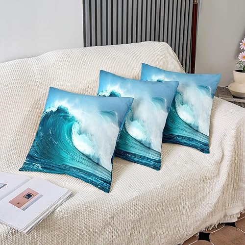 Miniatura 4 de jejeloiu Juego de 2 fundas de almohada de olas marinas de 16 x 16 pulgadas, fundas de almohada suaves de océano azul para decoración de niños,