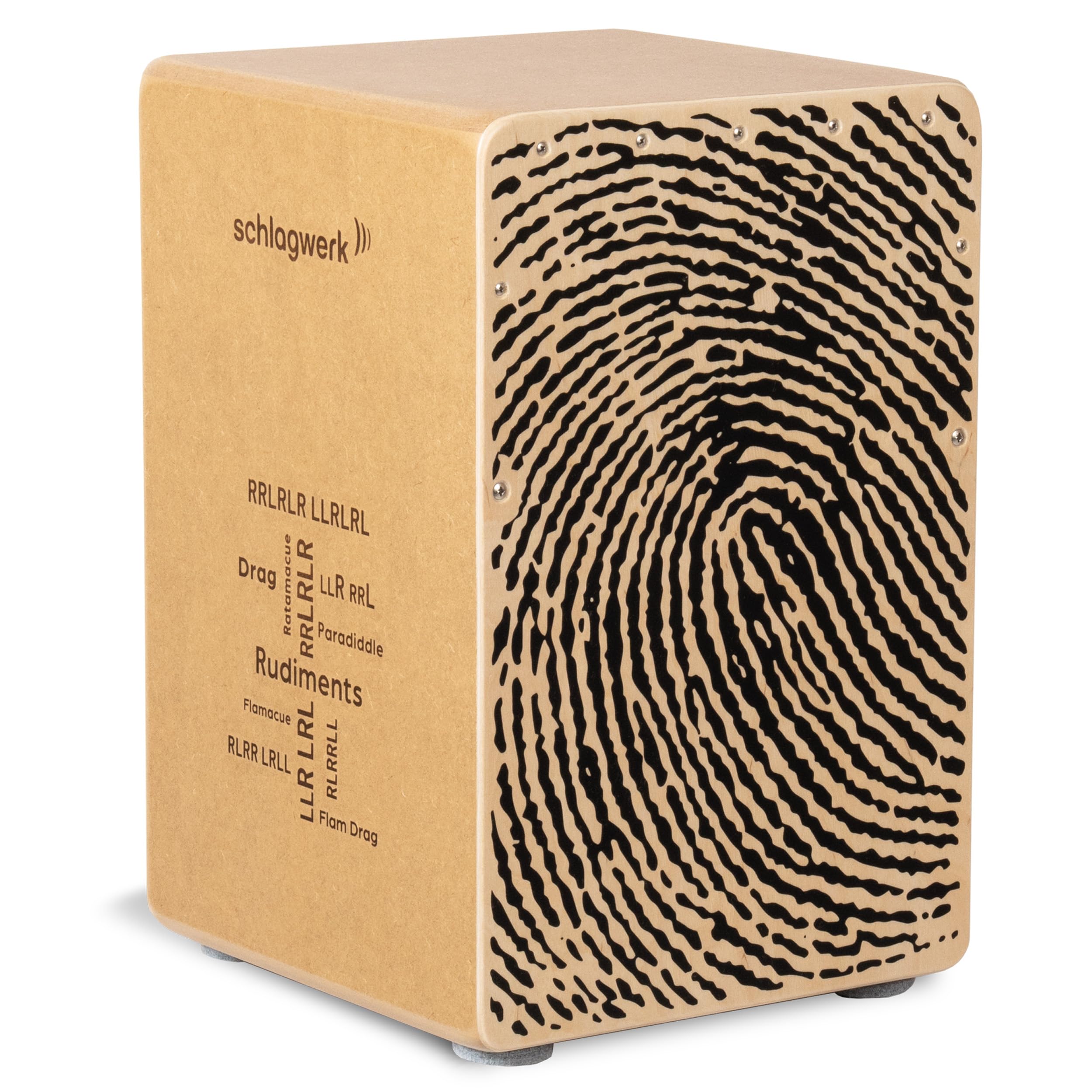 Schlagwerk CP83 Rudiments Series Snare Cajon l Natural Birch Playing Surface with Fingerprint Design l SPL Resonance Box l Fixed Wire Snares l Manufactured in Germany l Medium Size