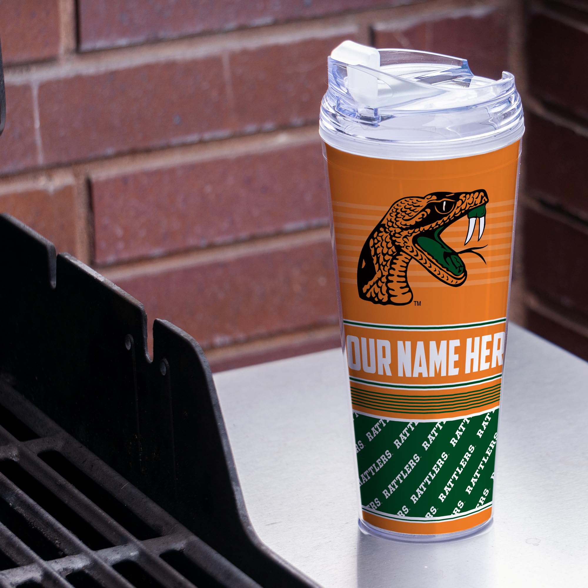 Rico Industries NCAA Florida A&M Rattlers - FAMU Standard 24oz Personalized Tumbler W/Hinged Lid - Team Colored Travel Tumbler - Keeps Drinks Cold or Hot
