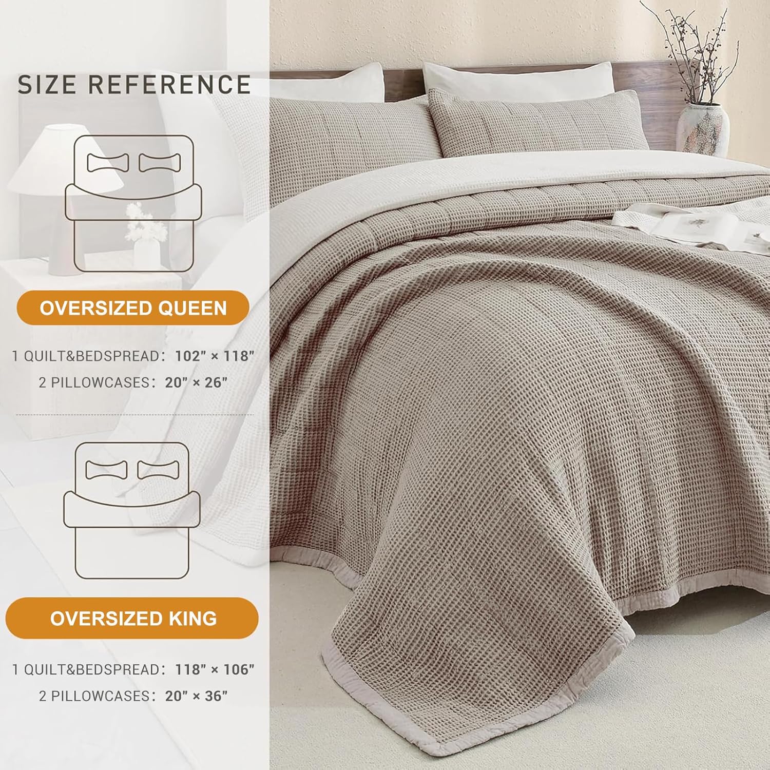 CozyTide Oversized Queen Bedspread(102"x118"),100% Cotton Waffle Lightweight Bedspreads & Coverlets Ultra Soft Dark Khaki Farmhouse Luxury Oversized Queen Quilt Bedding Set for All Season
