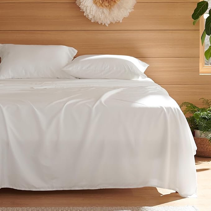 Bedsure Cooling Sheets Queen - Lyocell Cotton Sheet Set, GentleSoft™, Silky & Breathable Eucalyptus Bed Sheets with Deep Pocket, 4 Pieces, Luxury Hotel Bedding, White