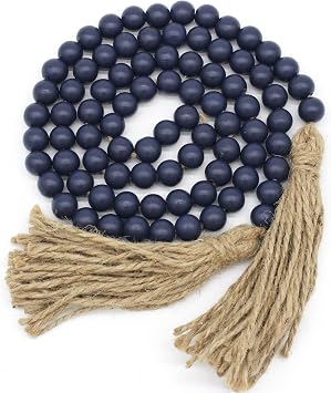 Farmhouse Decor Beads 59in Wooden Bead Garland with Tassels Rustic Coastal Room Accent Halloween Decorations for Home Wall Hanging Kitchen Island Table Mantle Shelf Country Decor, Navy Blue