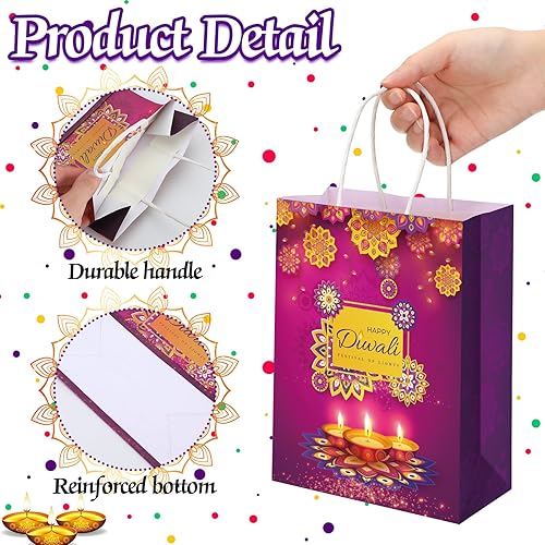 Miniatura 4 de Qilery 18 bolsas de regalo Diwali con papel de seda, bolsas de dulces Diwali con asas para decoración de suministros de celebración india