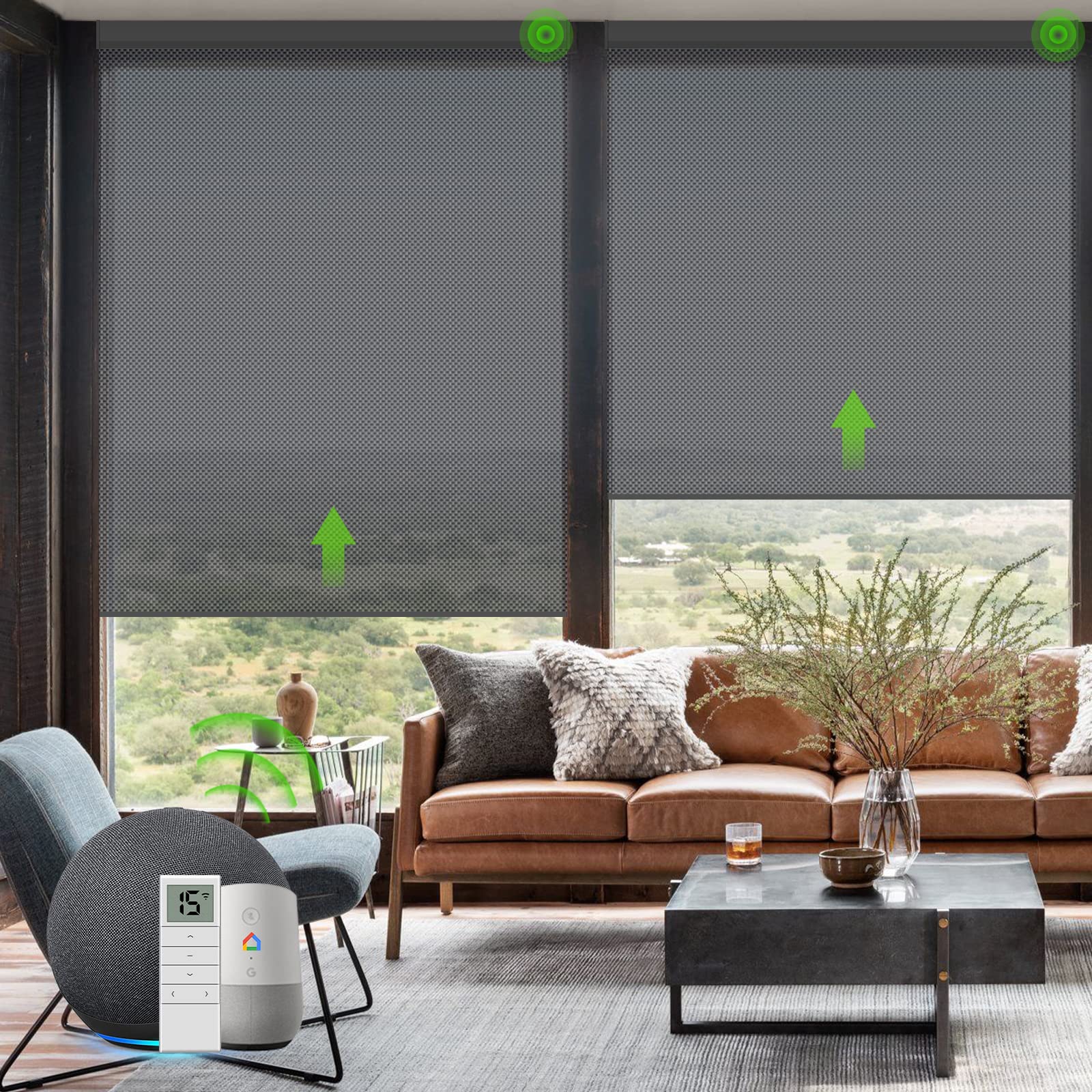 YoolaxMotorized Solar Shades Light Filtering Motorized Blinds with Remote Smart Blinds Work with Alexa Flame Retardant Roller Shades for Windows Home Office Custom Size (3% Openness Greyish Black)