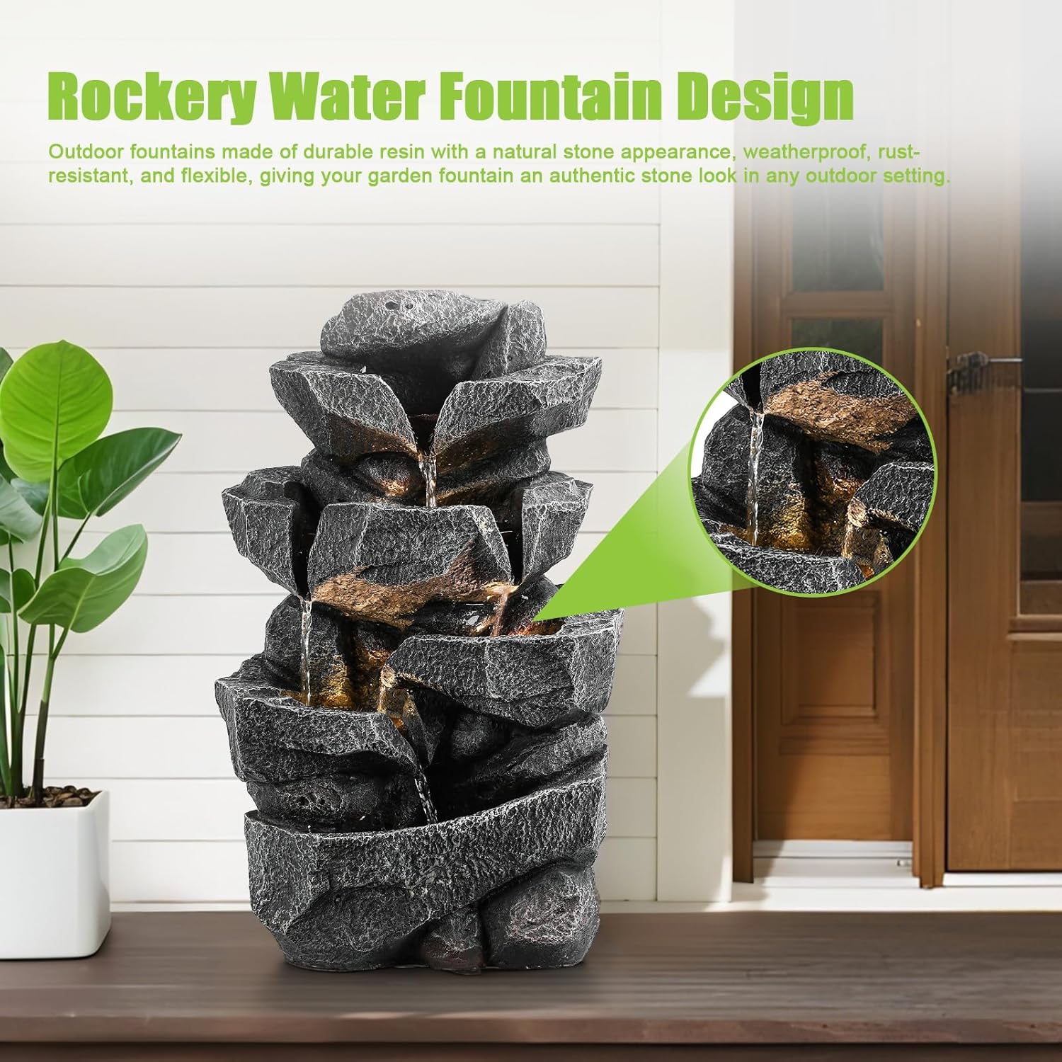 Cascading Rock Water Fountain Outdoor - Multi-Tier Waterfall Fountain with LED Warm Lights, Patio & Garden Decor, Zen Home Art Decor for Backyard, Porch, Office, Desk & Indoor Use (Resin) Bl