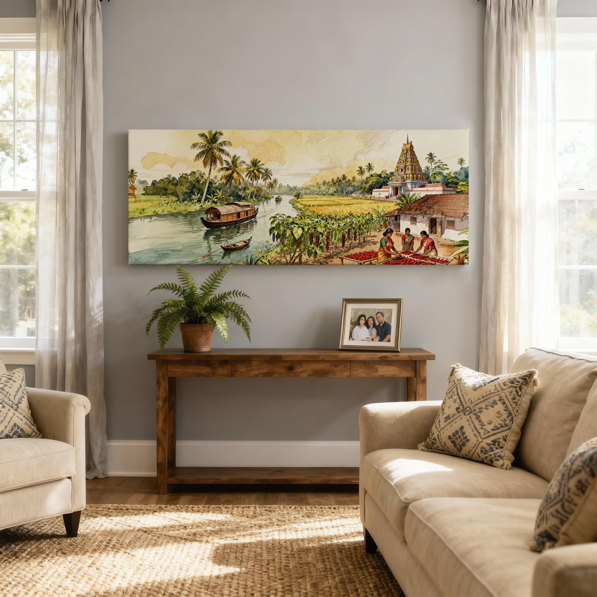 SoulAbiti South Indian Temple & Fields Unframed 36x14 inches Rolled Canvas Wall Expressionism Art UV Print Painting for Living Room, Bedroom & Office Decor Premium Gloss Vivid Fade-Resistant Print 4