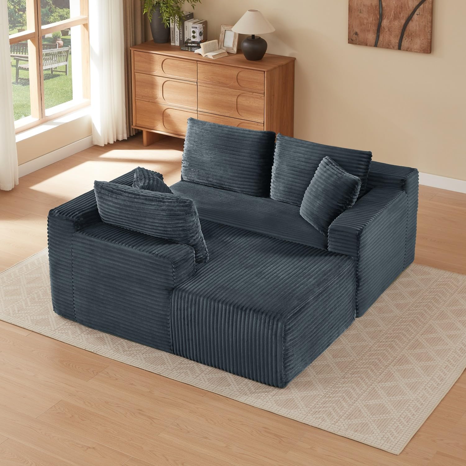 Sofá esquinero en forma de L de 4 plazas, sofá modular de pana con taburete, cómodo sofá de salón con 2-6 almohadas, ahorra espacio para salón y apartamentos, 256 x 134 cm (gris-izquierda)