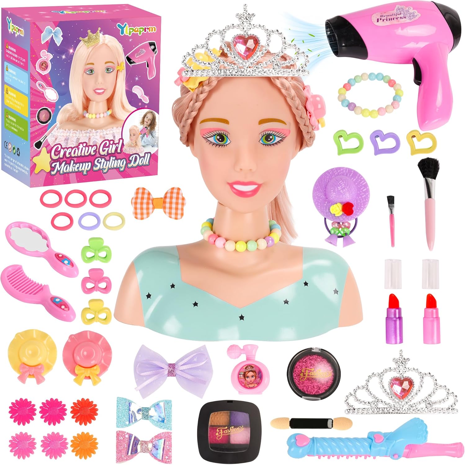 41PCS Deluxe Head Styling Doll Styling Head Makeup for Girl Kid, Pretend Play Hair Doll Beauty Stylist with Crown Hairdryer Curling Iron Hairpins Powder Lipstick Kit Birthday for Girl