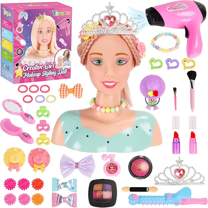 41PCS Deluxe Head Styling Doll Styling Head Makeup for Girl Kid, Pretend Play Hair Doll Beauty Stylist with Crown Hairdryer Curling Iron Hairpins Powder Lipstick Kit Birthday for Girl