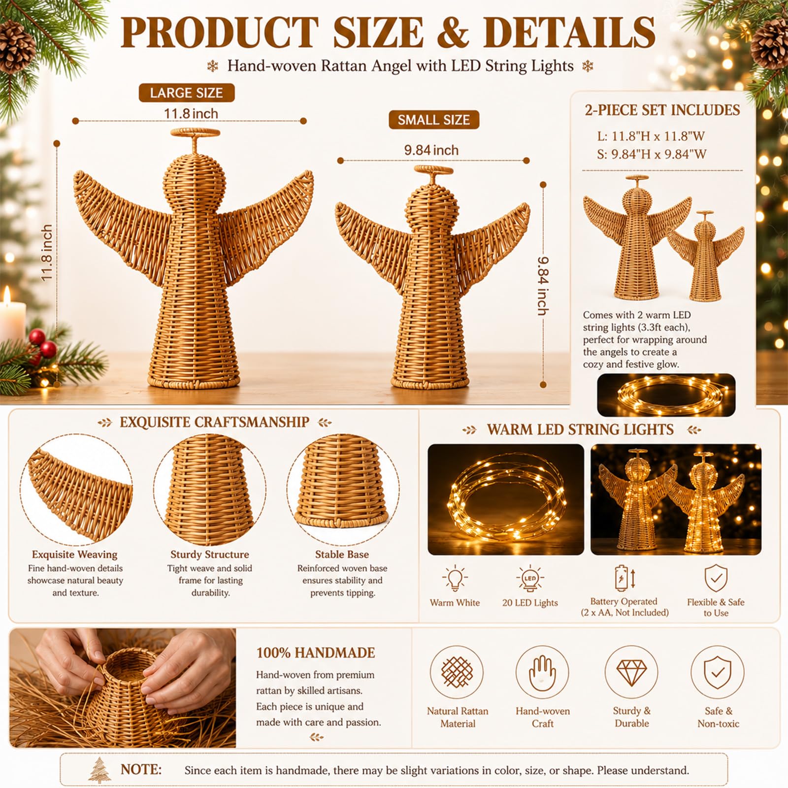 Yookeer 2 piezas de árbol de Navidad de ángel de ratán tejido con luces LED, adornos de mesa marrón natural hechos a mano para decoración rústica de vacaciones