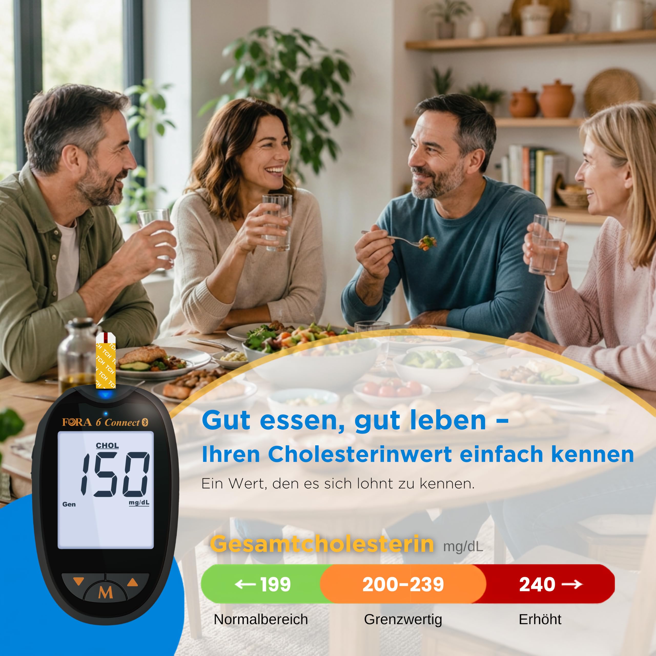 FORA 6-in-1 Cholesterin Messgerät mit Bluetooth, Starterset inkl. 10 Gesamtcholesterin-Teststreifen, Schwarz