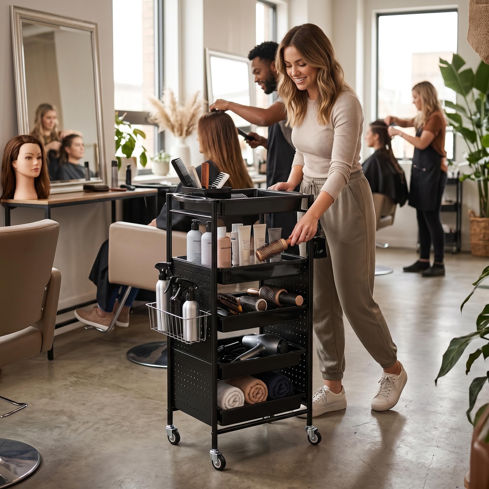 Chariot de Coiffure à roulettes avec 6 Étagères, 5 Tiroirs Détachables, Panier Latéral et Support pour Sèche-Cheveux, pour Salon de Massage