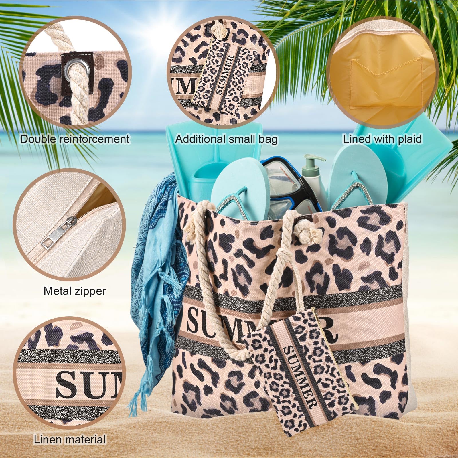 Kldgris Borsa da Spiaggia Donna, Grande XXL Borsa da Spiaggia, Borse Tote a Mano da Donna, Borsa in lino con Cerniera per Spiaggia, Viaggio, Piscina, Shopping