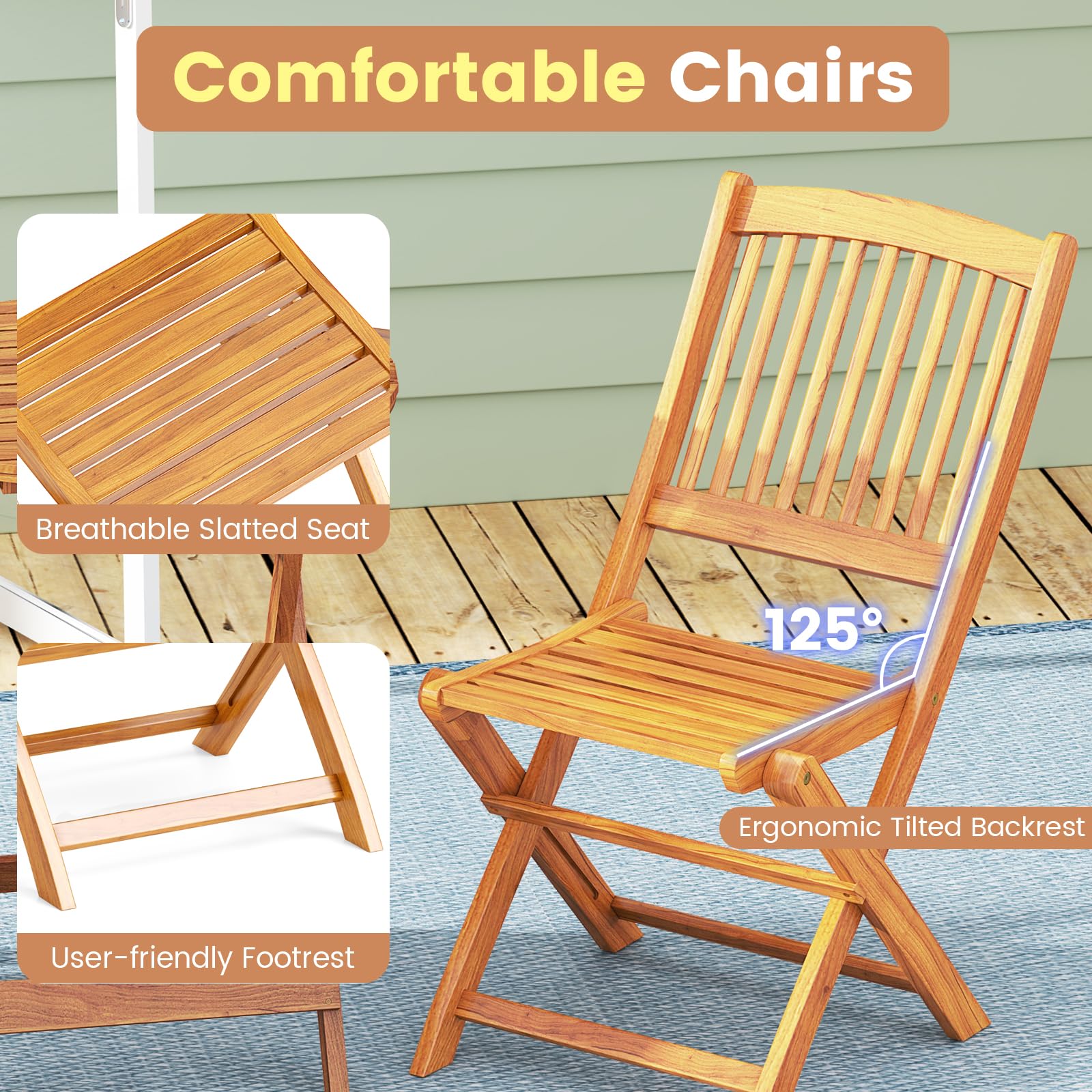 GIANTEX Set da Giardino 2 Posti in Legno di Acacia, Tavolo da Giardino Esterno con Sedia Pieghevole, 2 Cuscini Rimovibili, per Terrazza, Balcone, Bistrot (Grigio + Naturale)