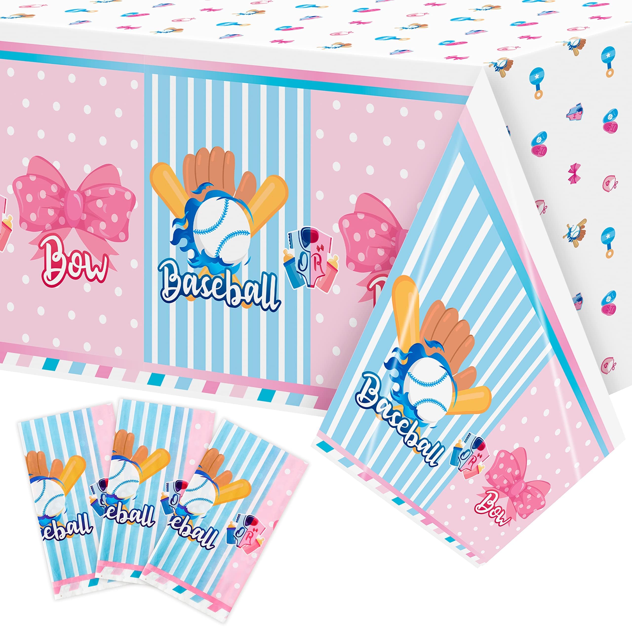 Gender Reveal Table Cover - 3 Packs Sport Baseball or Bow Gender Reveal Disposable Waterproof Plastic Rectangle Table Cloth Gender Reveal Party Favor Decoration Supplies(54x108 Inch)