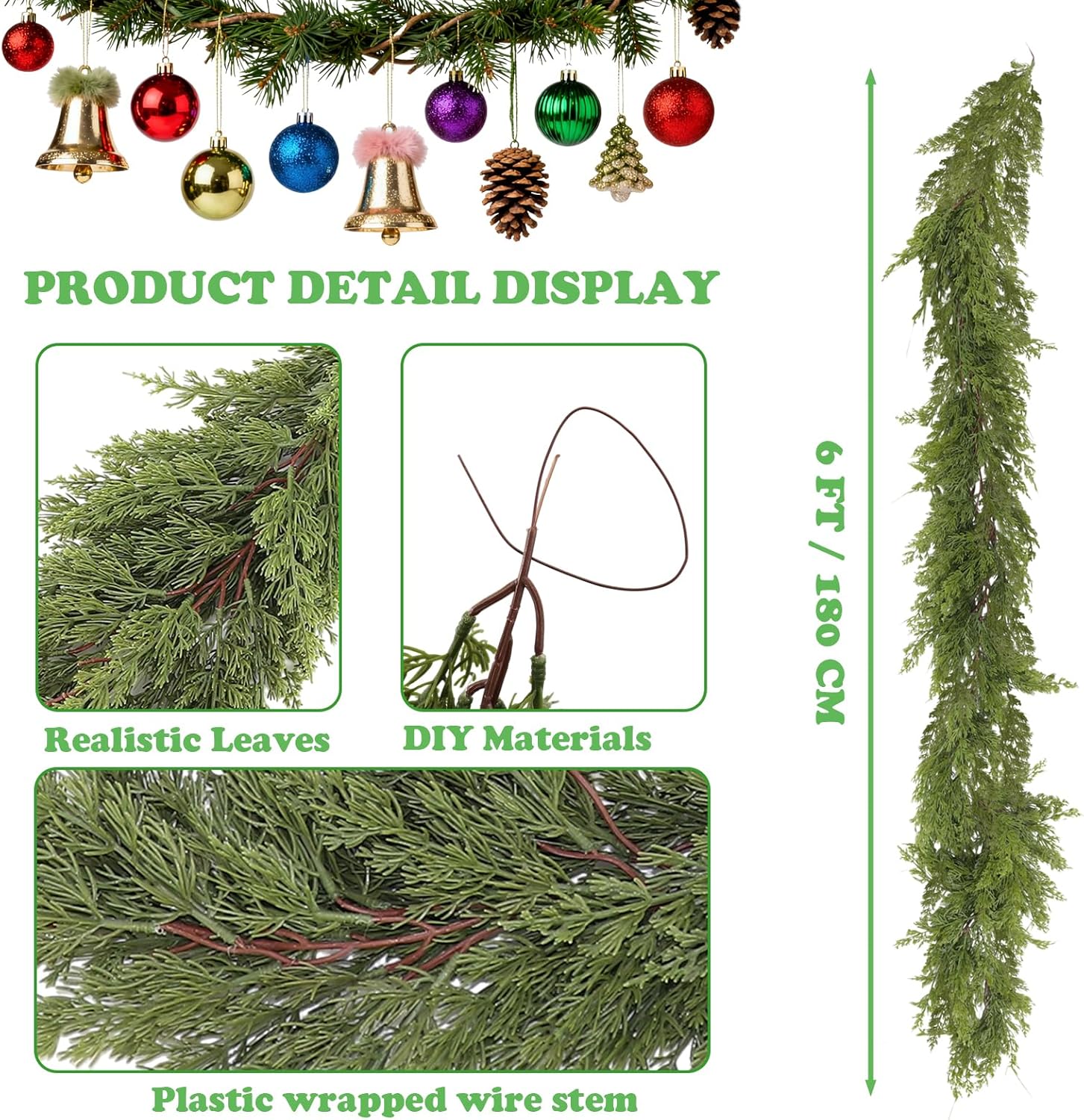 6FT Real Touch Cedar Garland, Christmas Artificial Cedar Garland, Artificial Cypress Leaf Vine Wreath for Mantle/Table/Stairs/Outdoor Indoor Christmas Decorations (2PCS) - Image 2