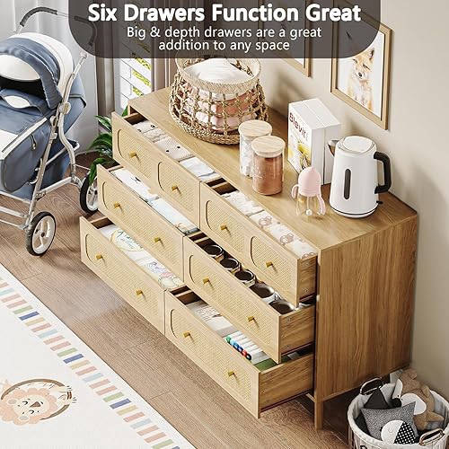 Miniatura 7 de SINROM® Cómoda de ratán para dormitorio, cómoda moderna de 6 cajones con asas doradas, cómoda de almacenamiento de madera para dormitorio, sala de