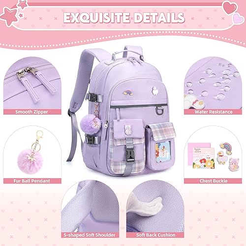 Miniatura 4 de Mochila para niñas de 15.6 pulgadas para computadora portátil, mochila escolar para niños, 3 piezas, mochilas, caja de almuerzo, estuche para