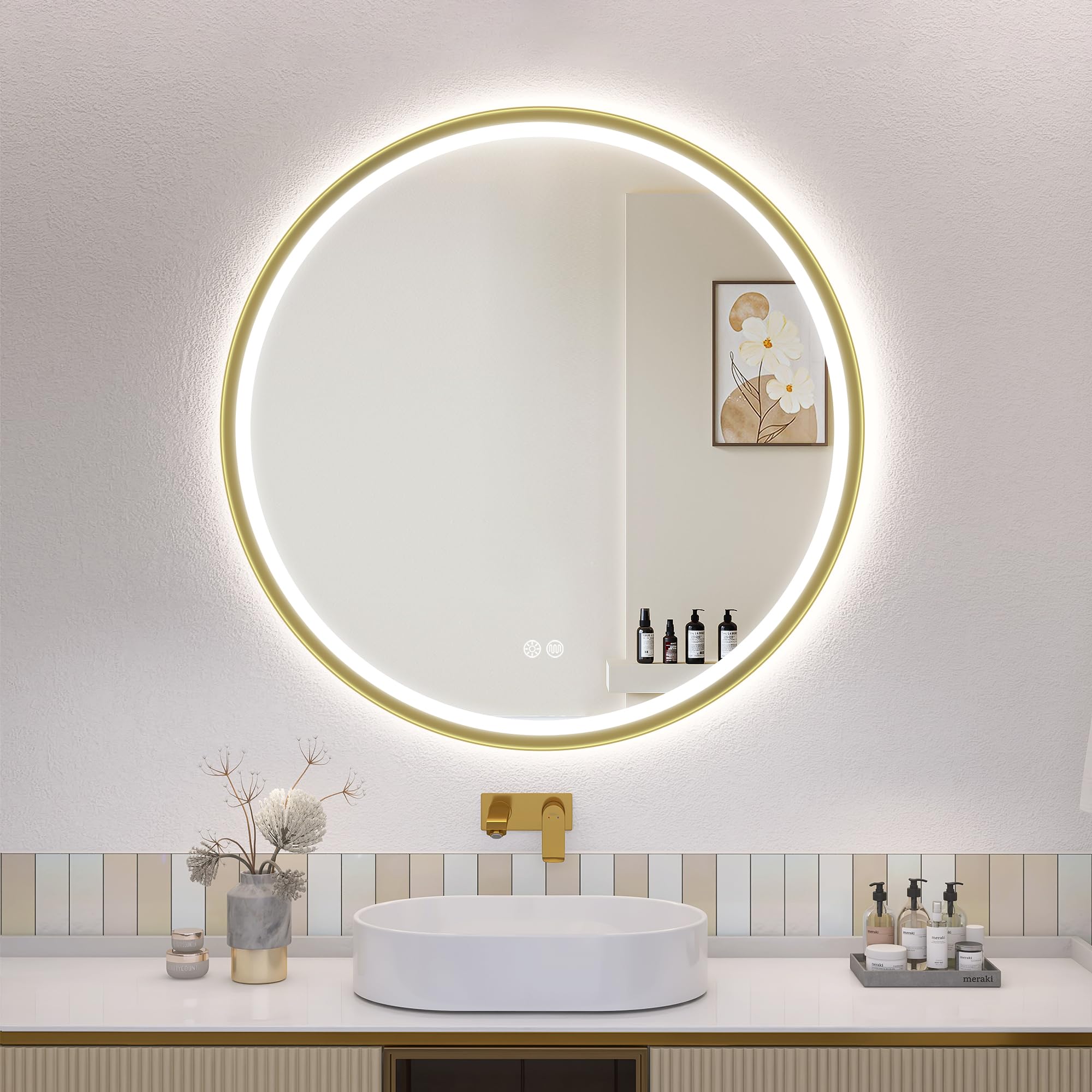 Miroir de salle de bain éclairé S'bagno 60 cm rond doré en aluminium