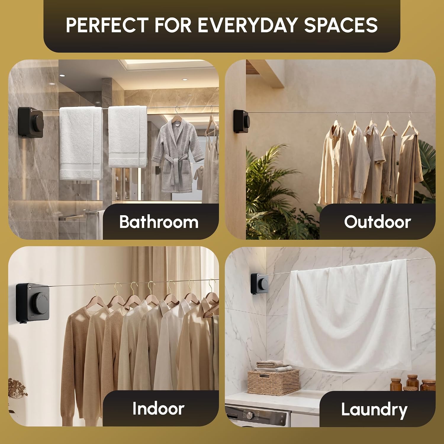 Retractable Clothesline Indoor, Wall Mounted Laundry Line Retractable for Indoors & Outdoor Use, 16.7 FT Clothes Drying Line, Load Capacity up to 20 KGs (Black)