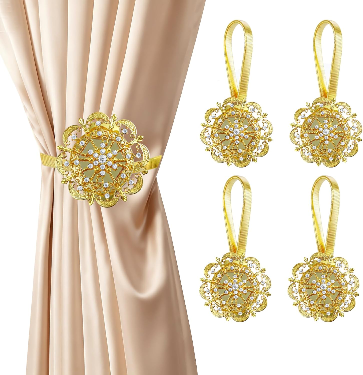 4 Pack Magnetic Curtain Tie Backs, Gold Crystal Flower Holdbacks with No-Drill Magnetic Clasps and High-Elastic Spring Wire for Living Room Bedroom Window Decor
