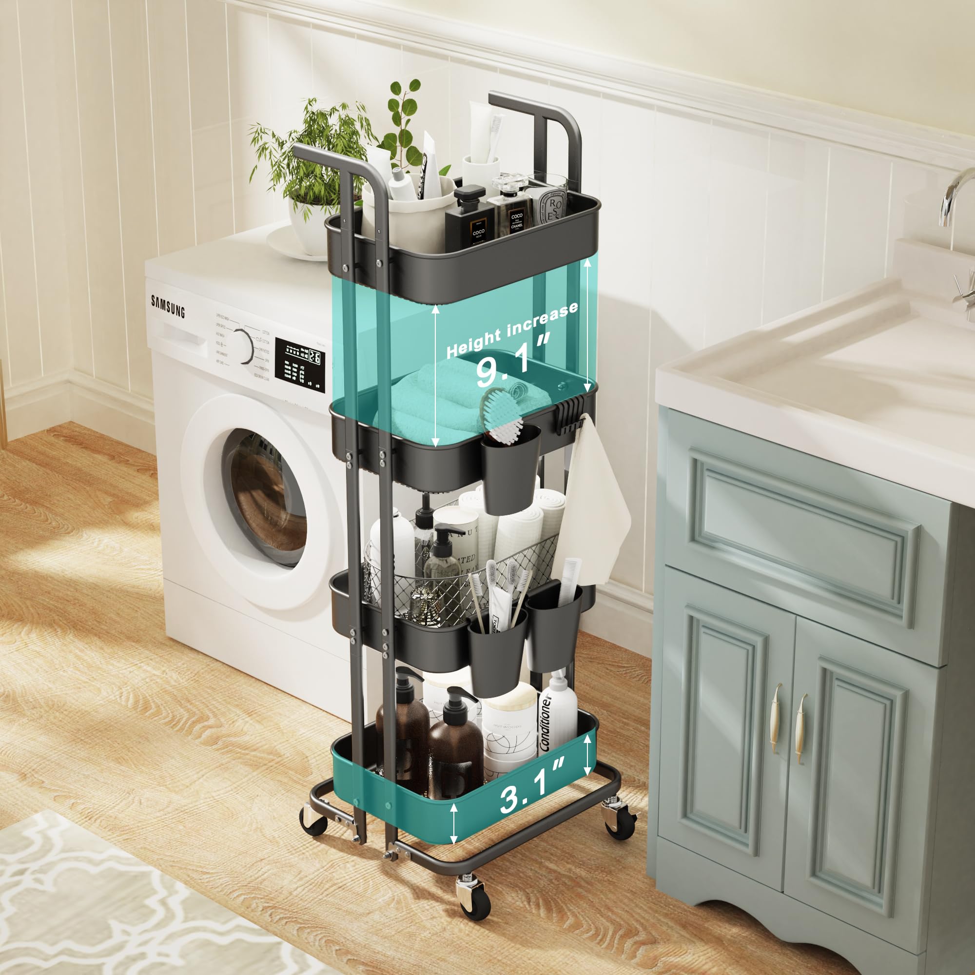 DTK Carrello pieghevole a 4 ripiani, in metallo, con ruote bloccabili, carrello portaoggetti pieghevole per soggiorno, cucina, bagno, camera da letto e ufficio, nero